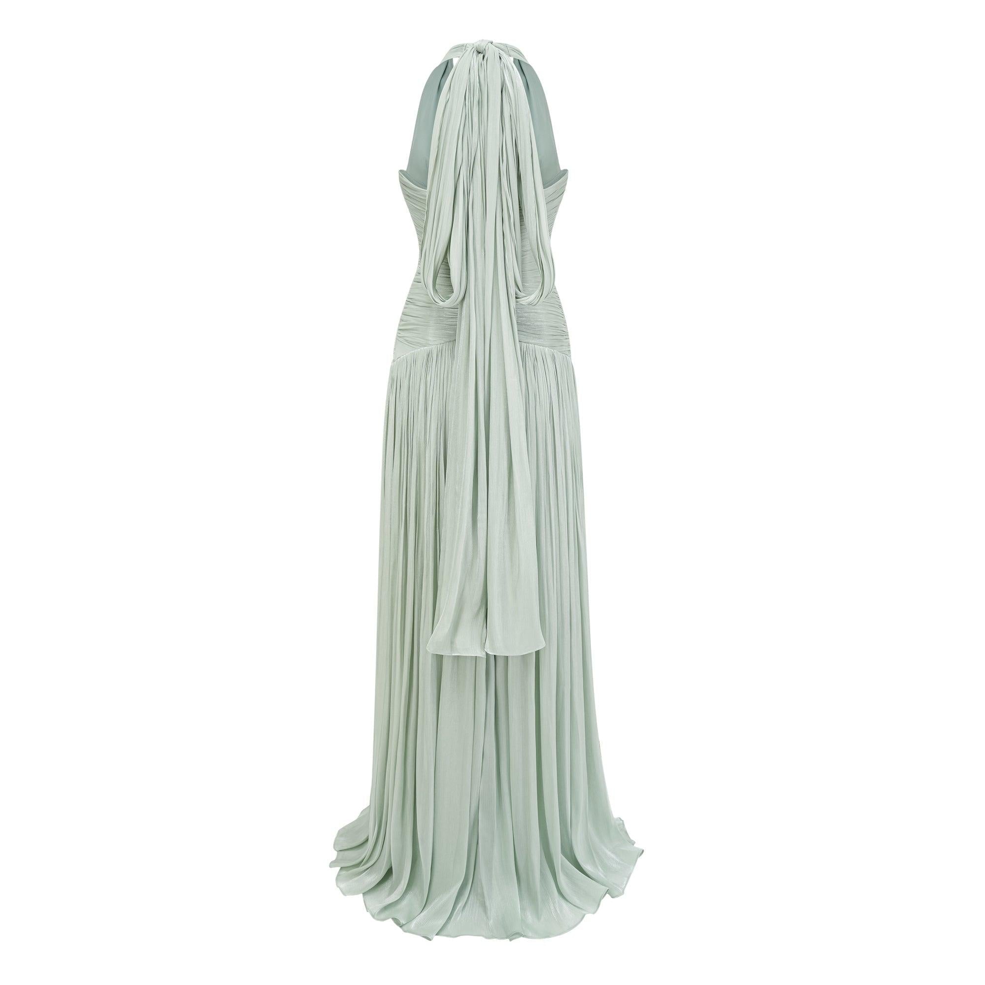 Verdelune Halter Pleated Slit Maxi Dress