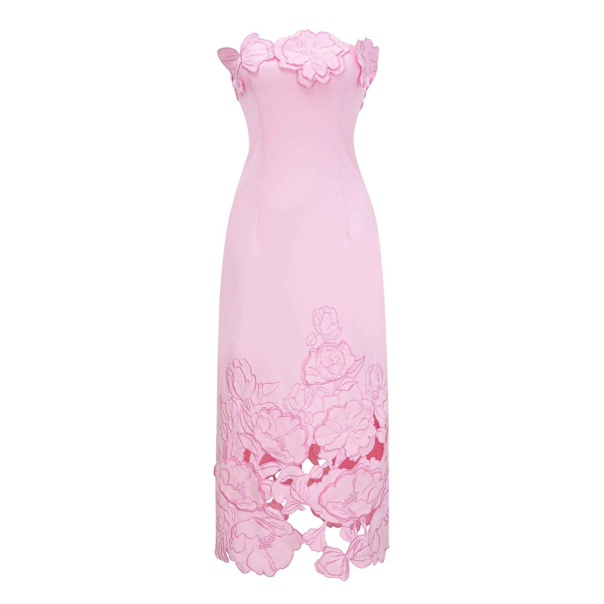 Talisman Pink Strapless Floral Embroidered Maxi Dress