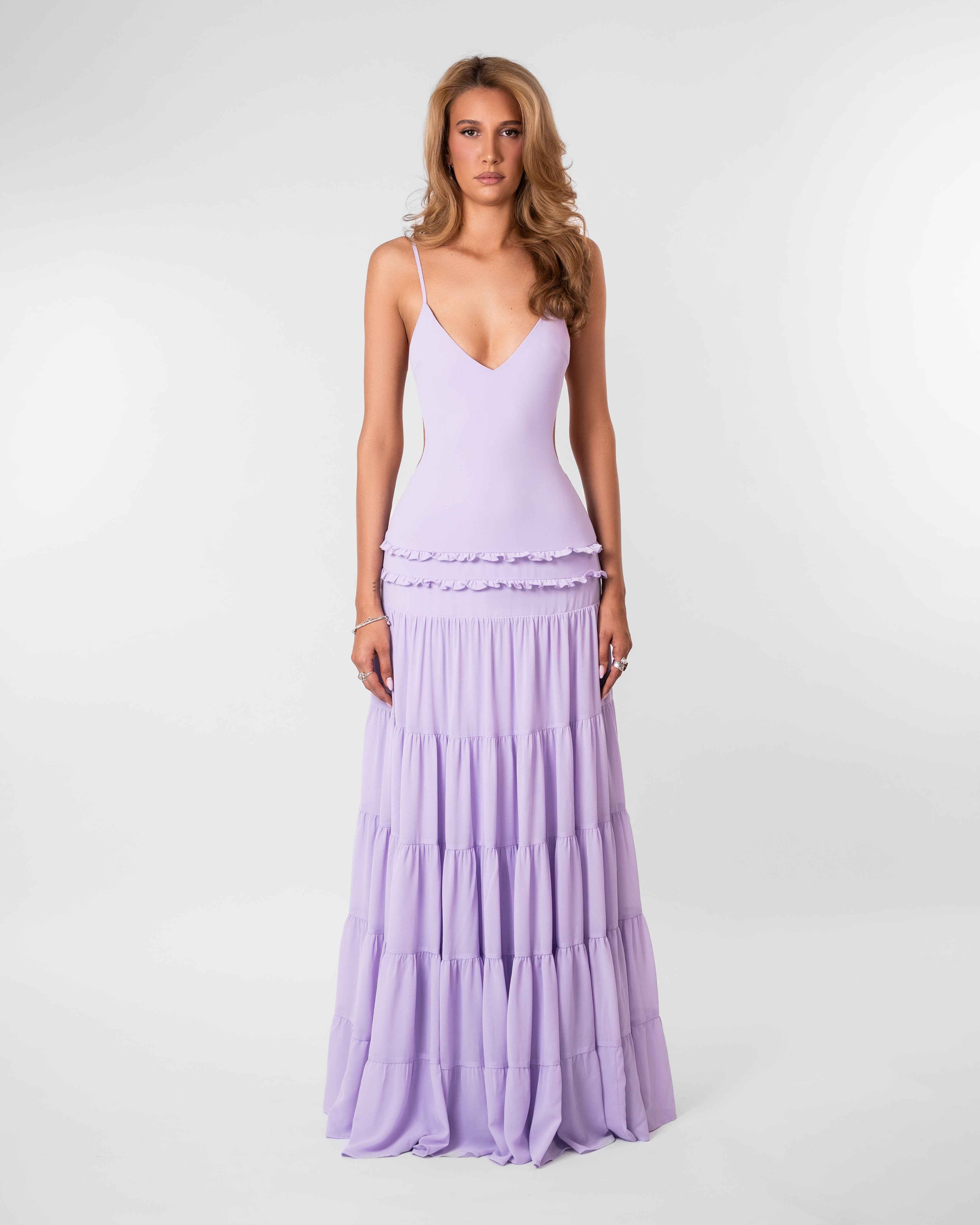 Lily Fitted Ruffle Tiered Midi Summer Dress - Lilac