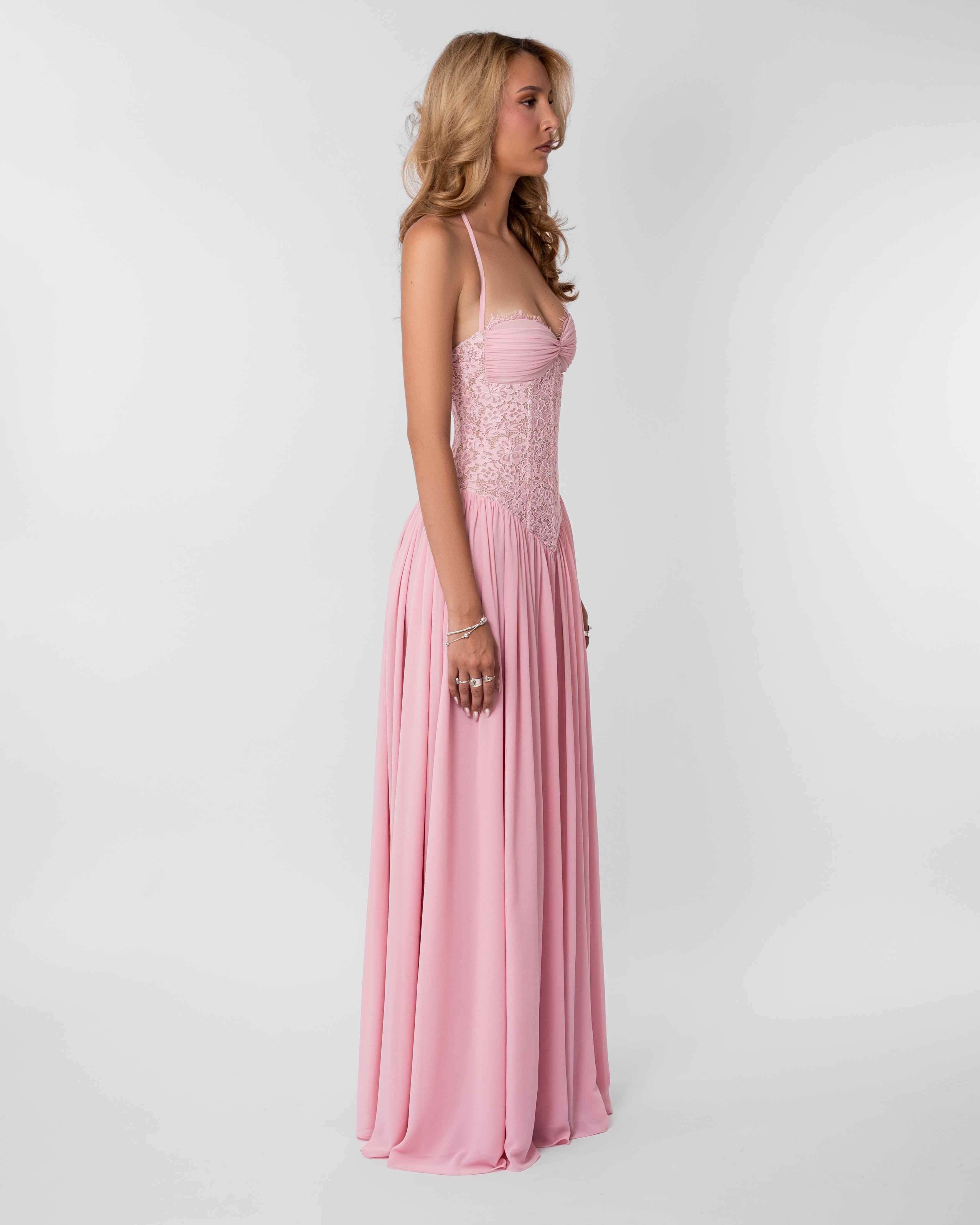 Faye Lace Corset Maxi Evening Dress - Pink