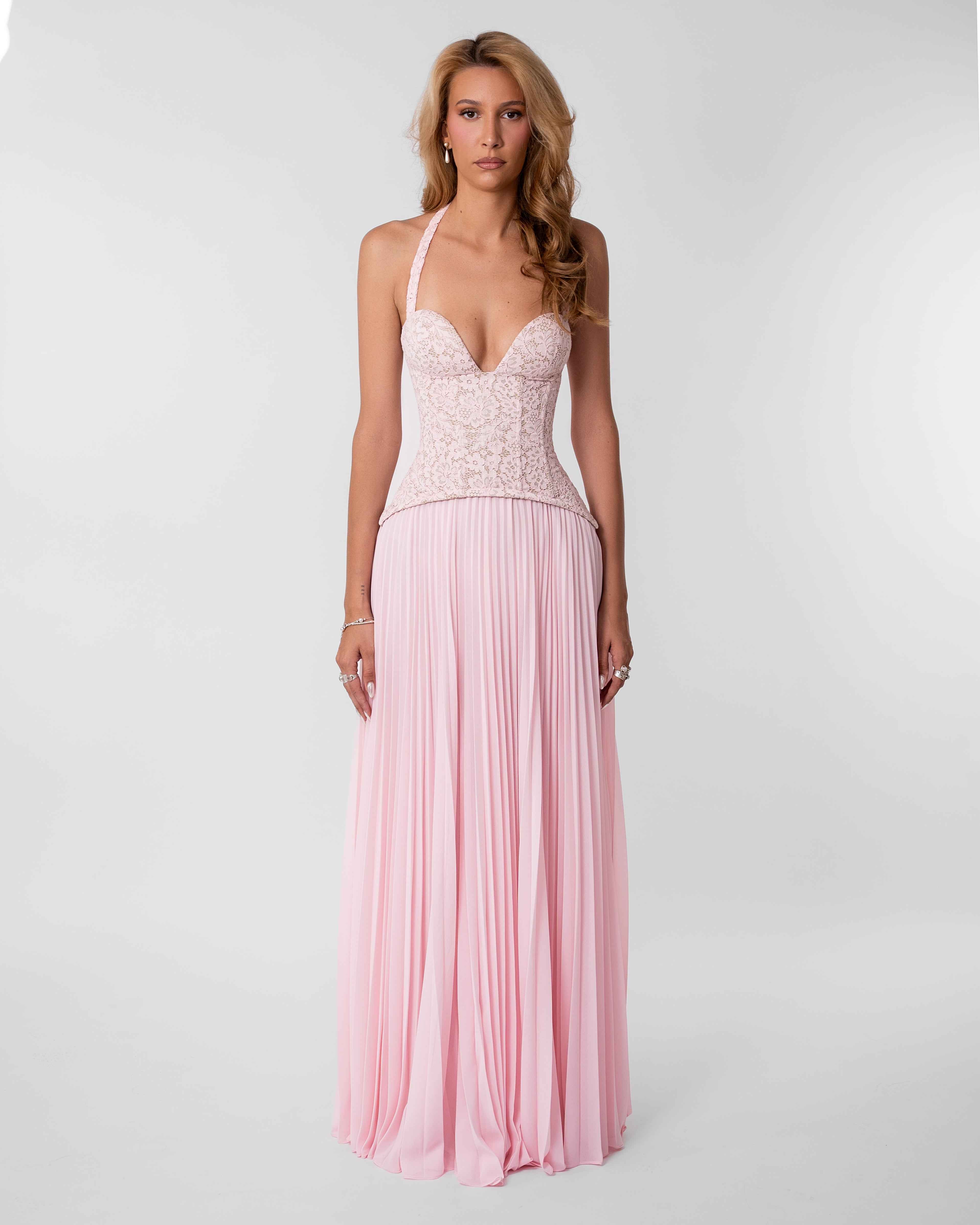 Gaia Pleated Lace Maxi Wedding Guest Dress - Soft Pink