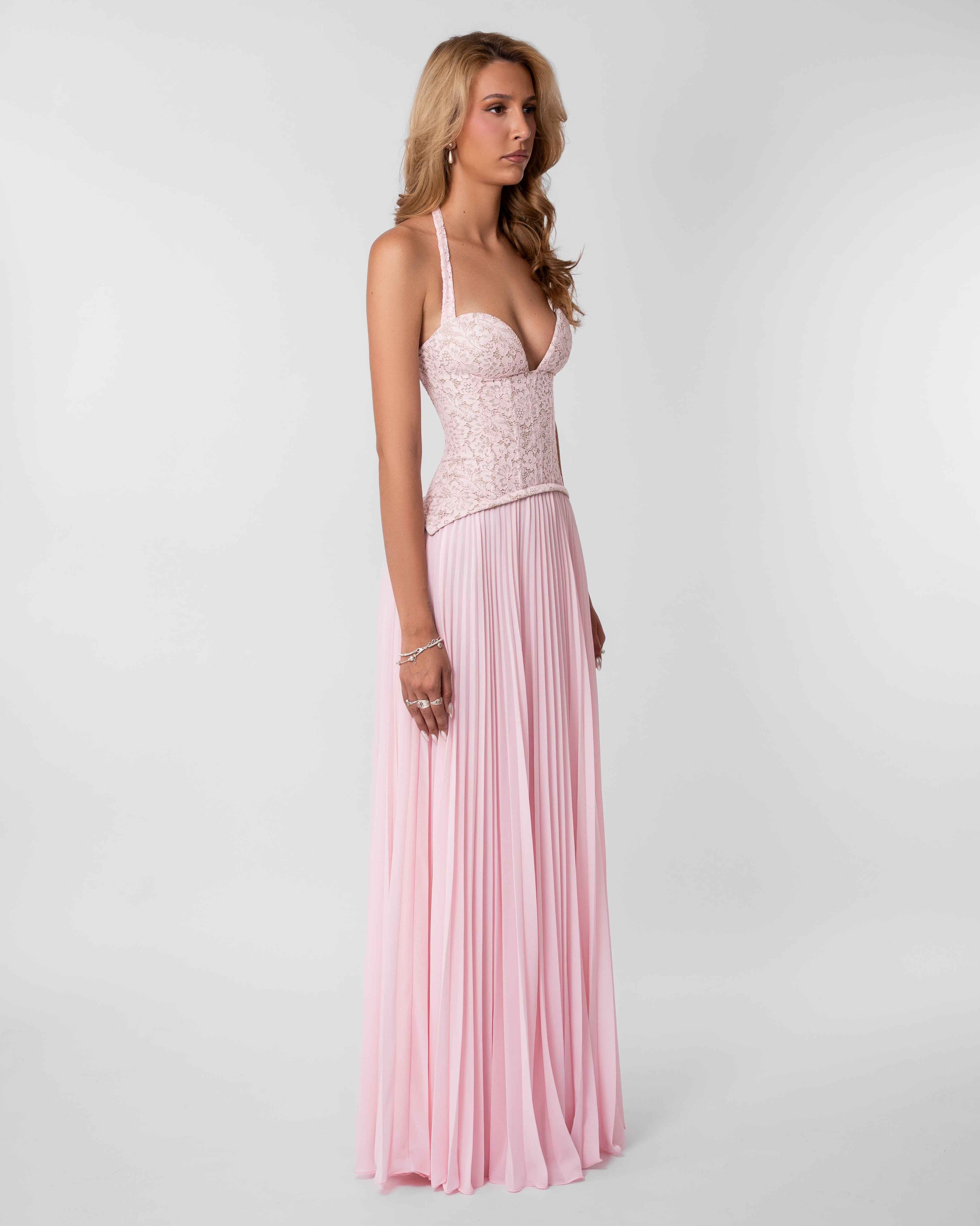 Gaia Pleated Lace Maxi Wedding Guest Dress - Soft Pink