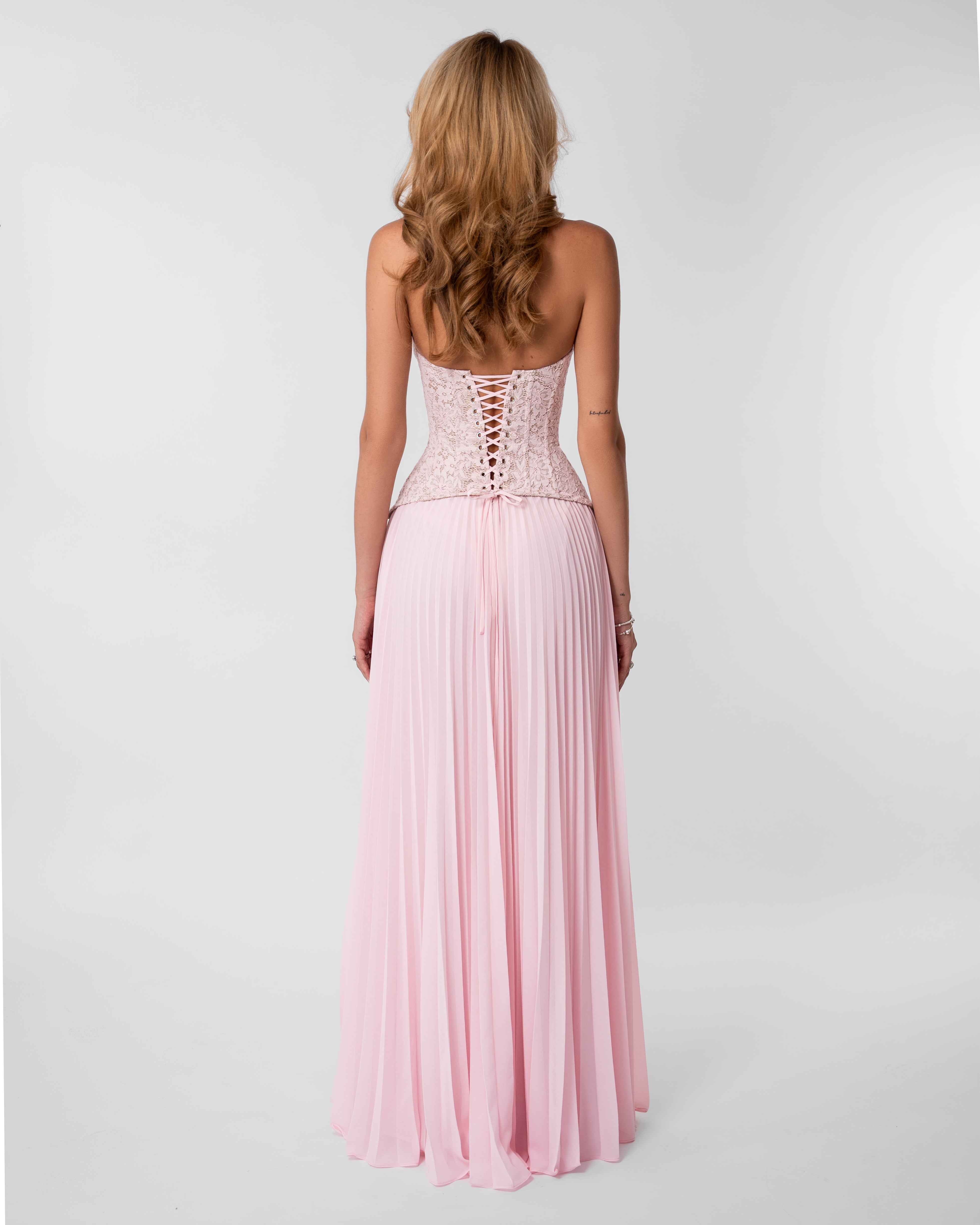Gaia Pleated Lace Maxi Wedding Guest Dress - Soft Pink