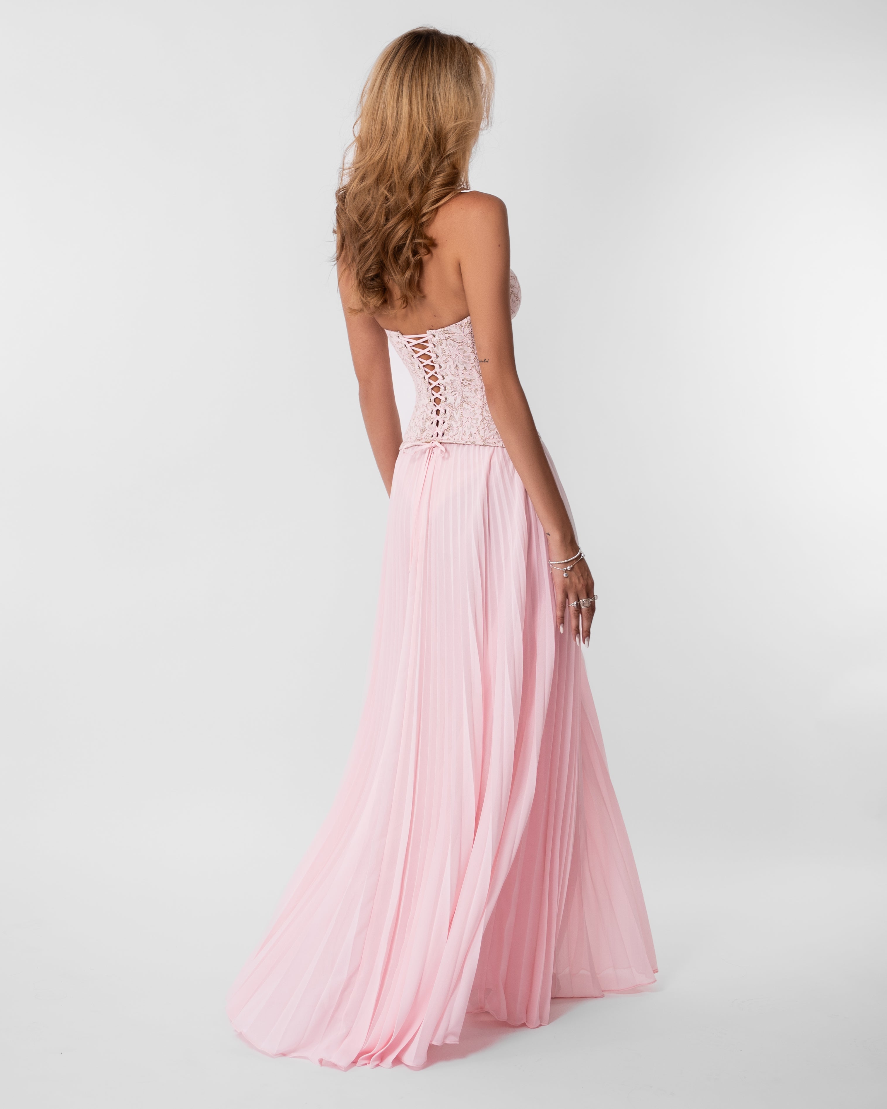Gaia Pleated Lace Maxi Wedding Guest Dress - Soft Pink