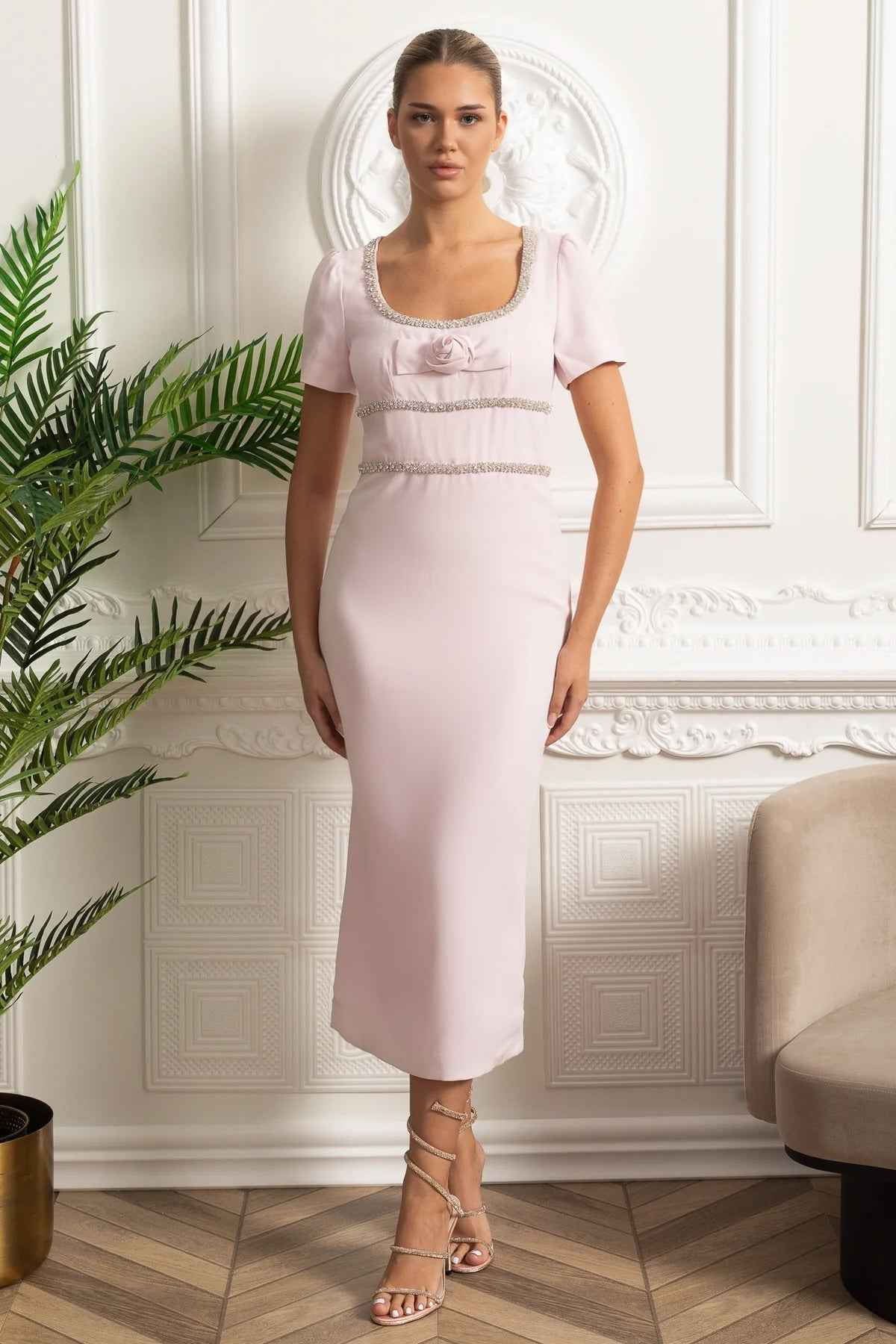 Embroidered Rose | FITTED EMBROIDERED MIDI COCKTAIL PARTY DRESS