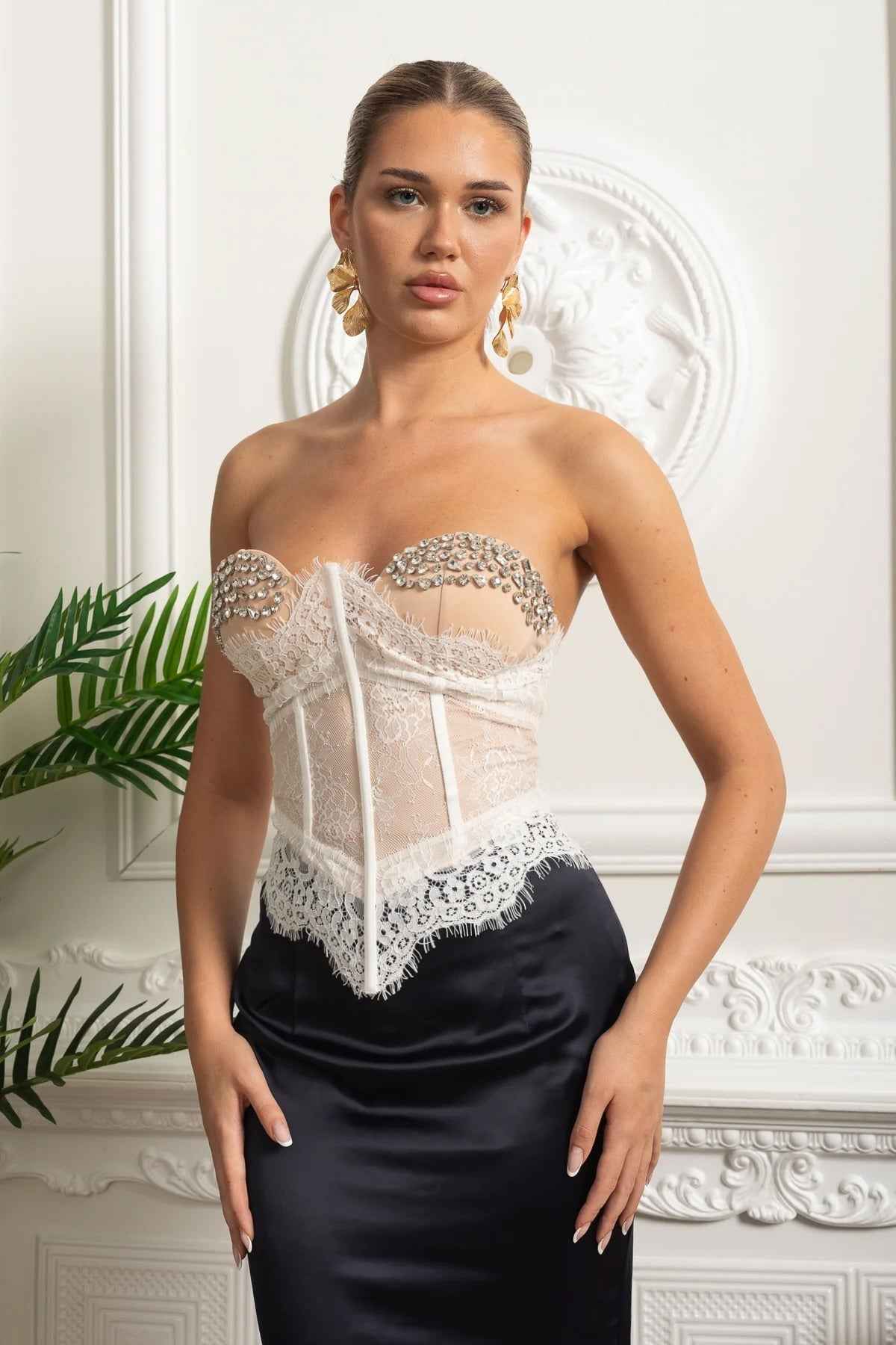 Lace Bustier Top With Crystal Embellished Cups - Ivoire