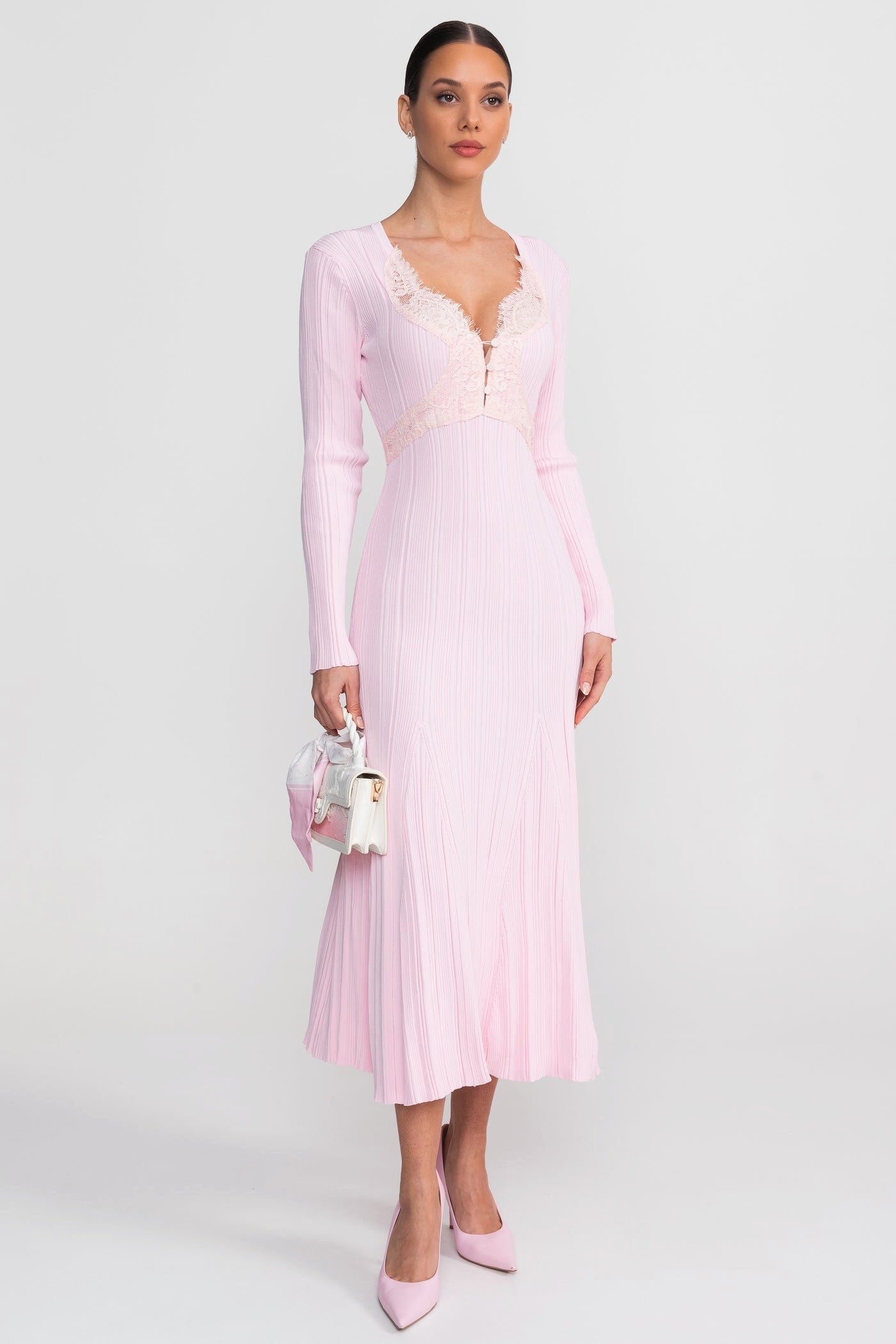 Ribbed Long Sleeve Midi Dress With Lace-Trim V-Neckline - Baby Pink - ICYBOO