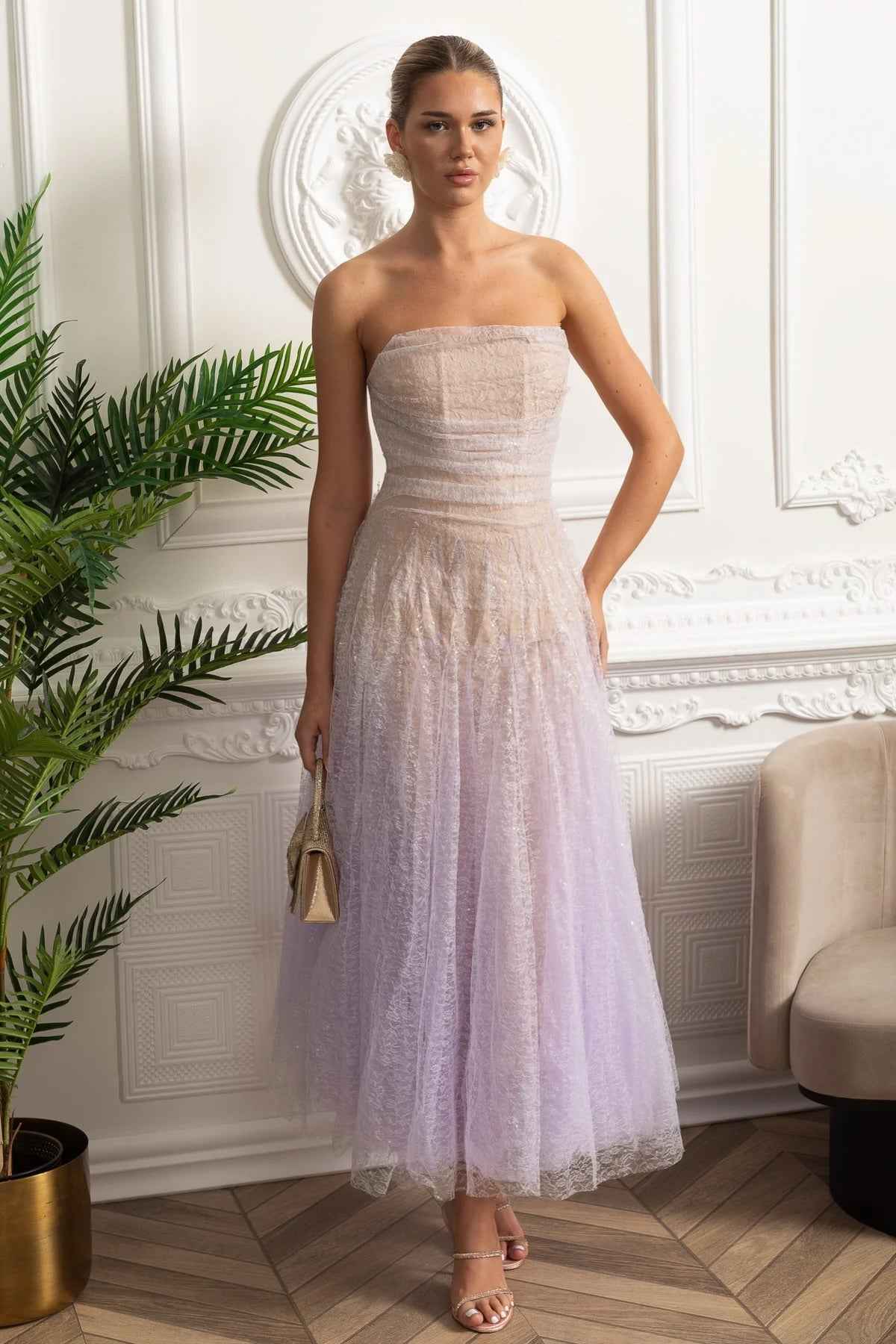 Lilac Gradient | STRAPLESS FITTED MIDI COCKTAIL PARTY DRESS