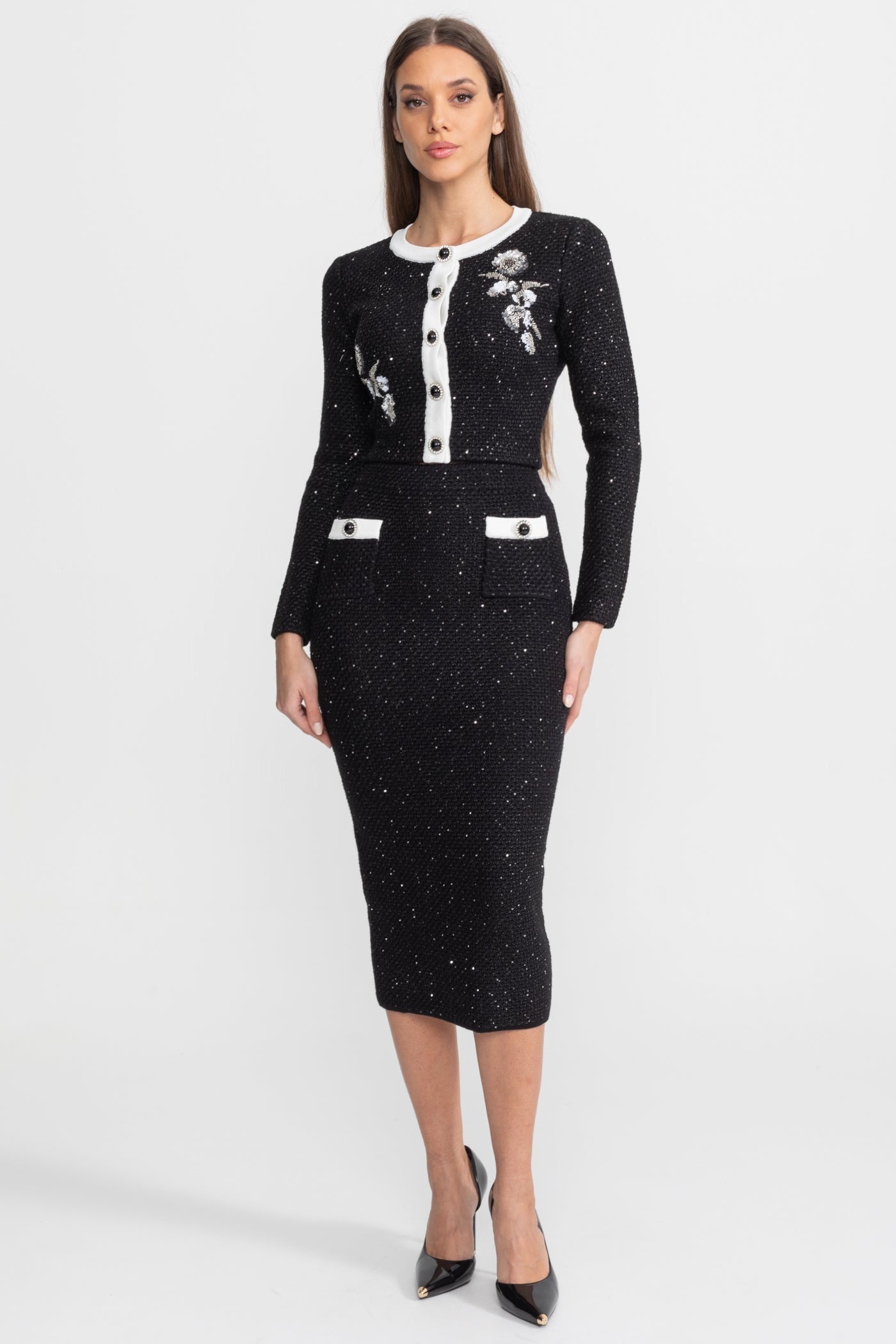 Embroidered Tweed Knit Co-Ord Set with Contrast Trim – Black - ICYBOO