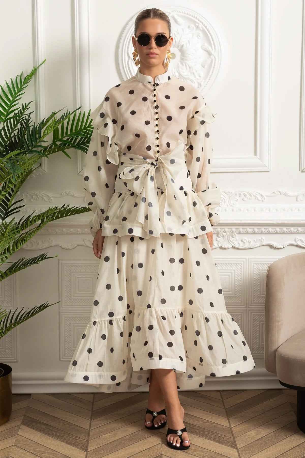 Polka Dot Maxi Dress with Voluminous Sleeves and Statement Waist Bow - Ivoire