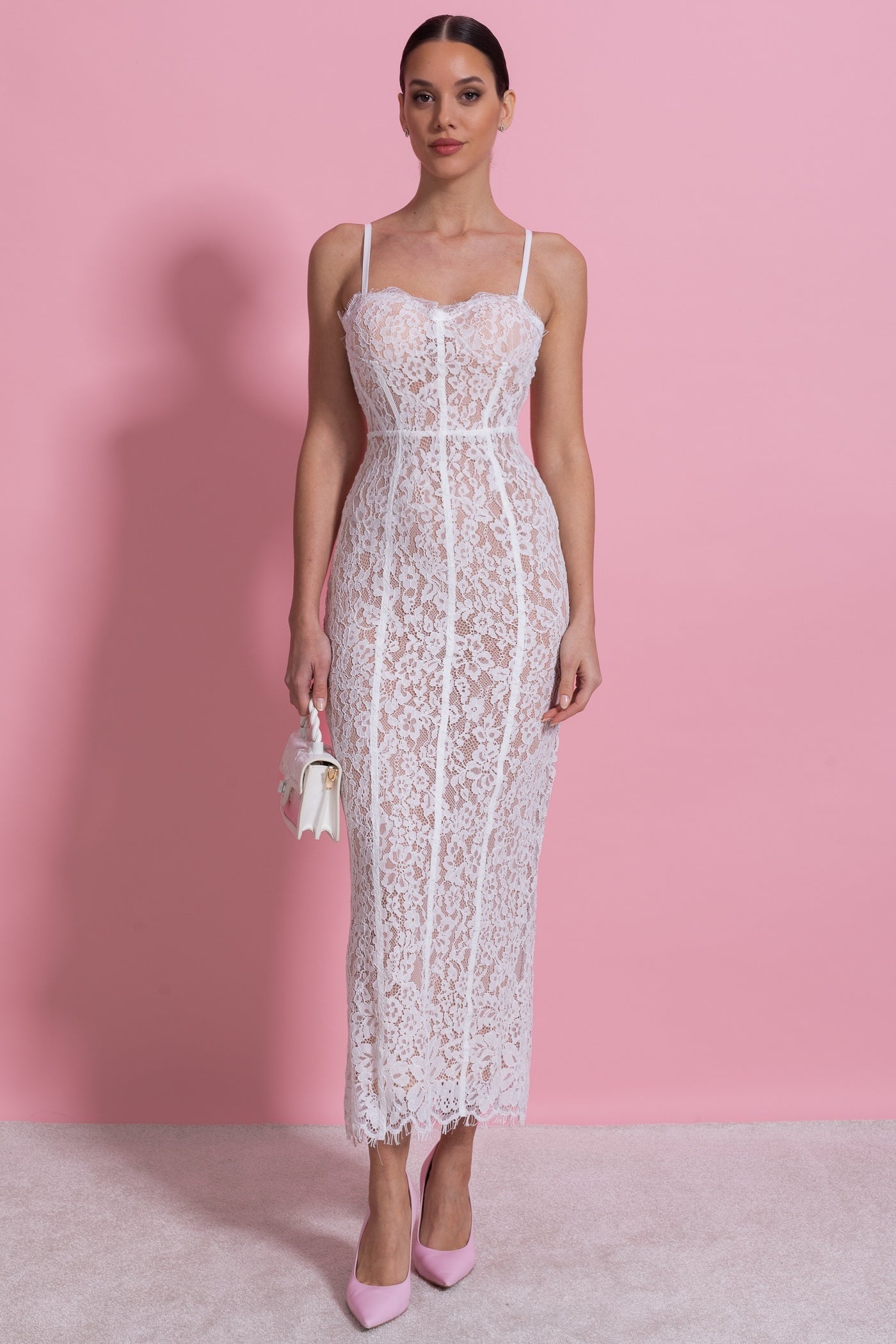 Lace Midi Dress With Sheer Corset Bodice - White - ICYBOO