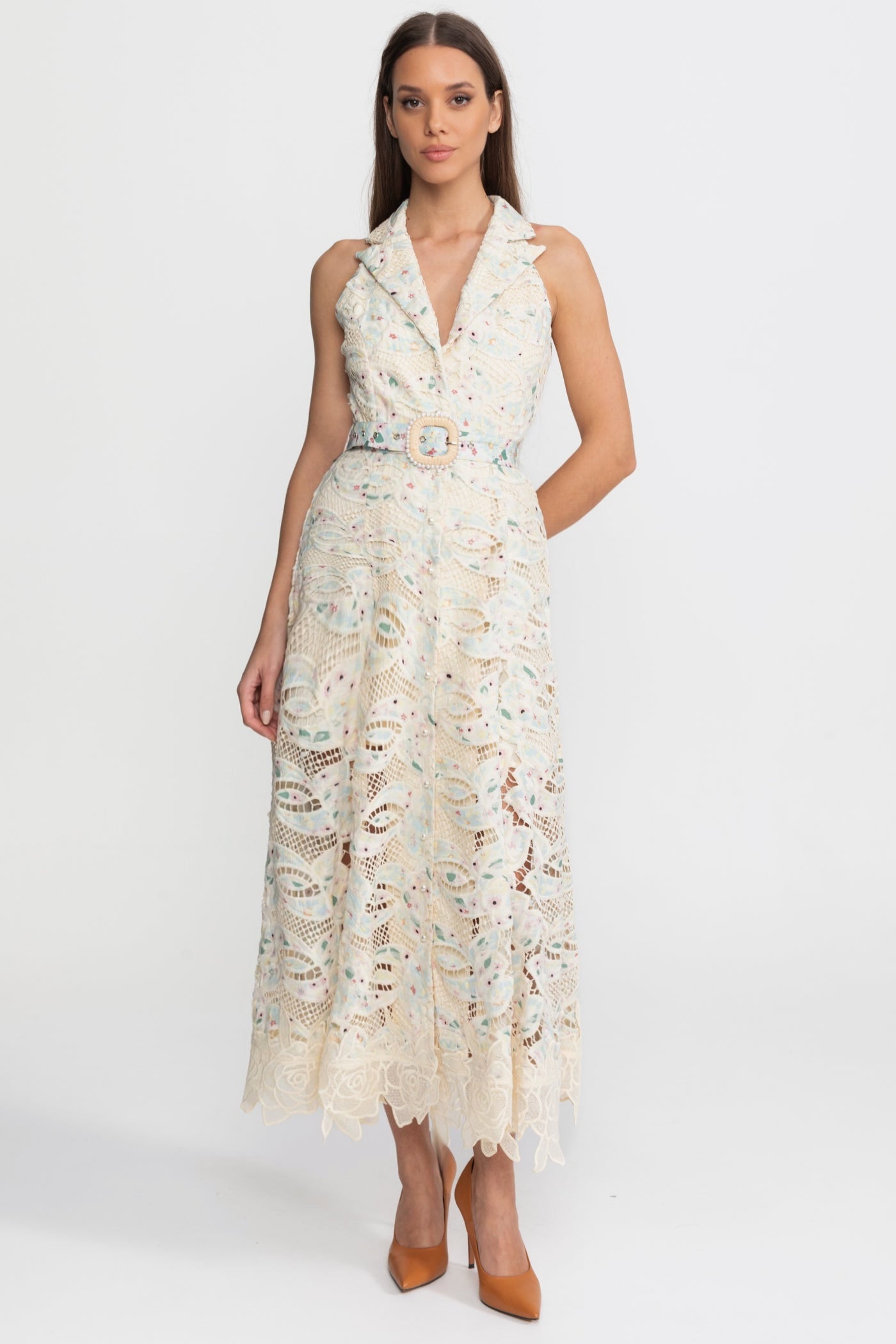 Halter Lace Midi Dress with Belted Waist – Ivoire - ICYBOO