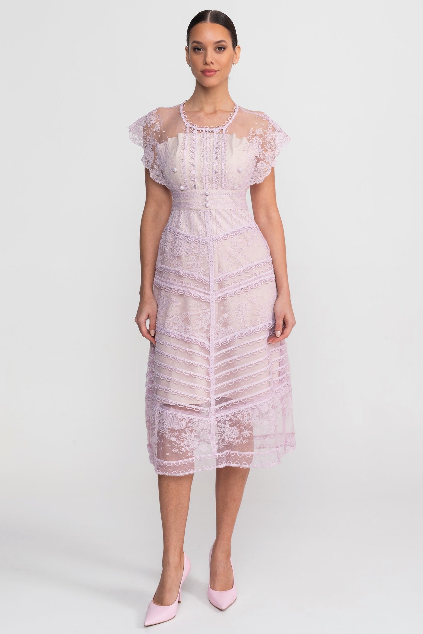 Lace Cap Sleeve Midi Dress With Scalloped Trims And Pearl Button Detail - Lilac - ICYBOO