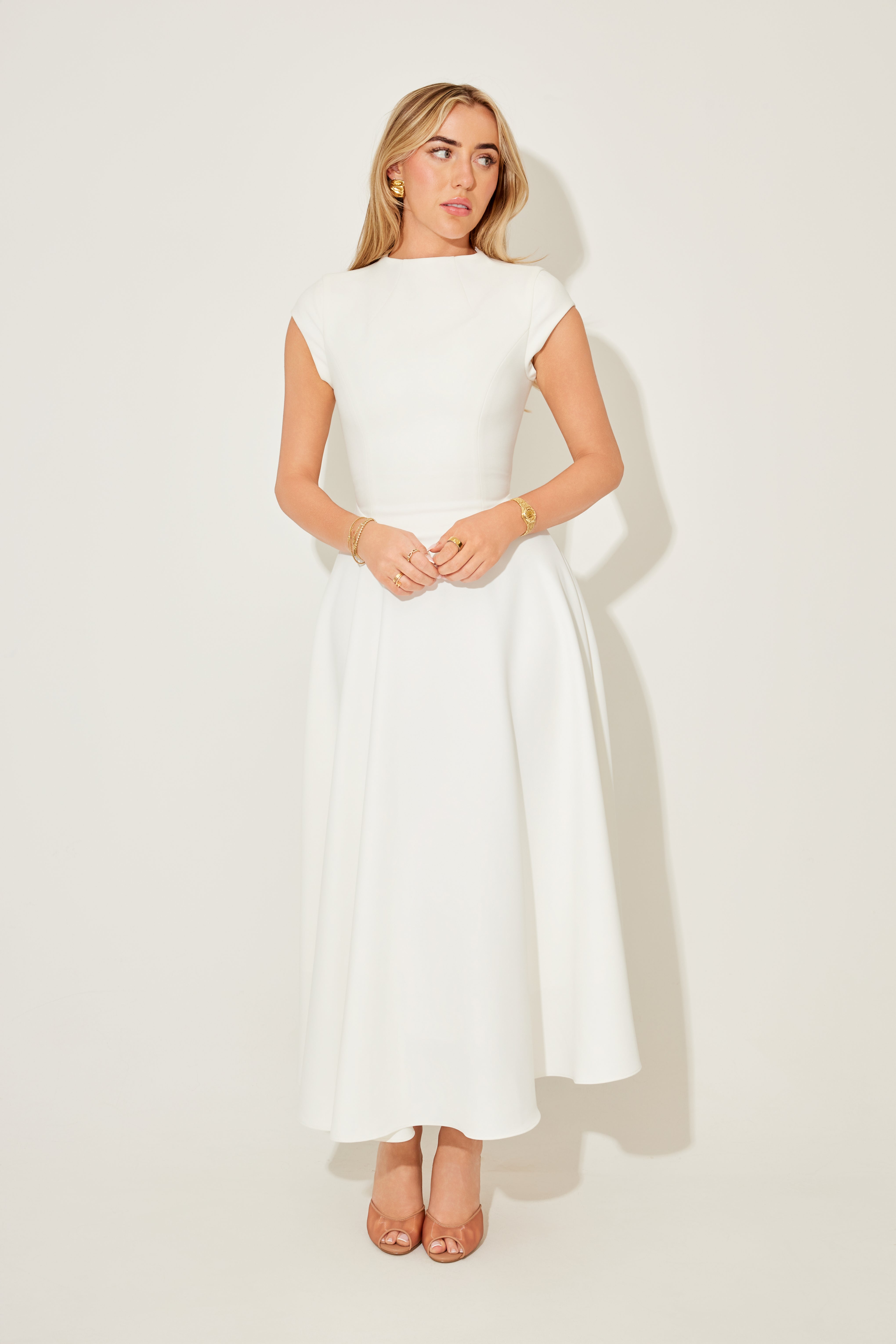 Cap Sleeve Fitted V-Waist Midi Casual Dress - Black - ICYBOO