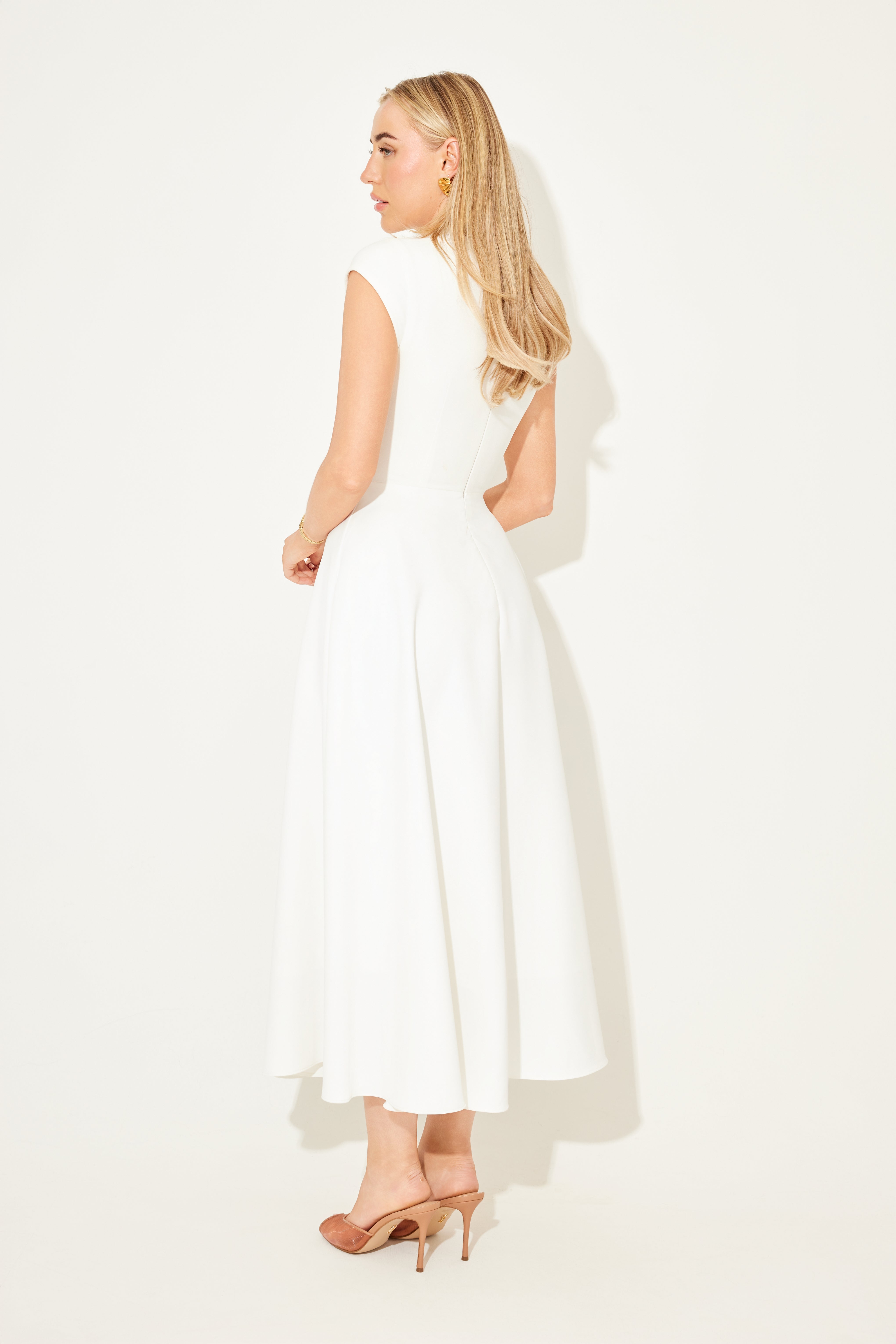 Cap Sleeve Fitted V-Waist Midi Casual Dress - Black - ICYBOO