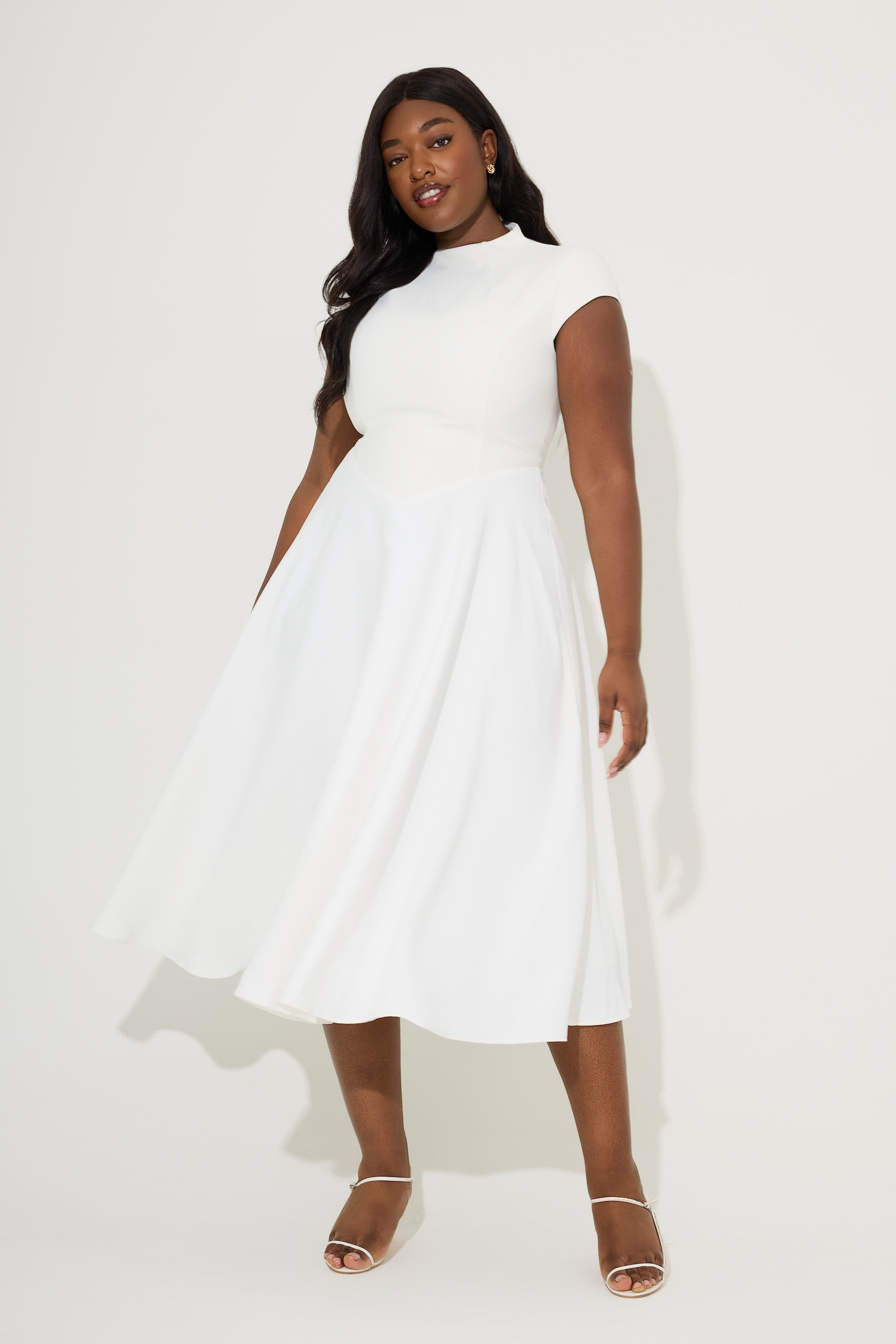 Cap Sleeve Fitted V-Waist Midi Casual Dress - Black - ICYBOO