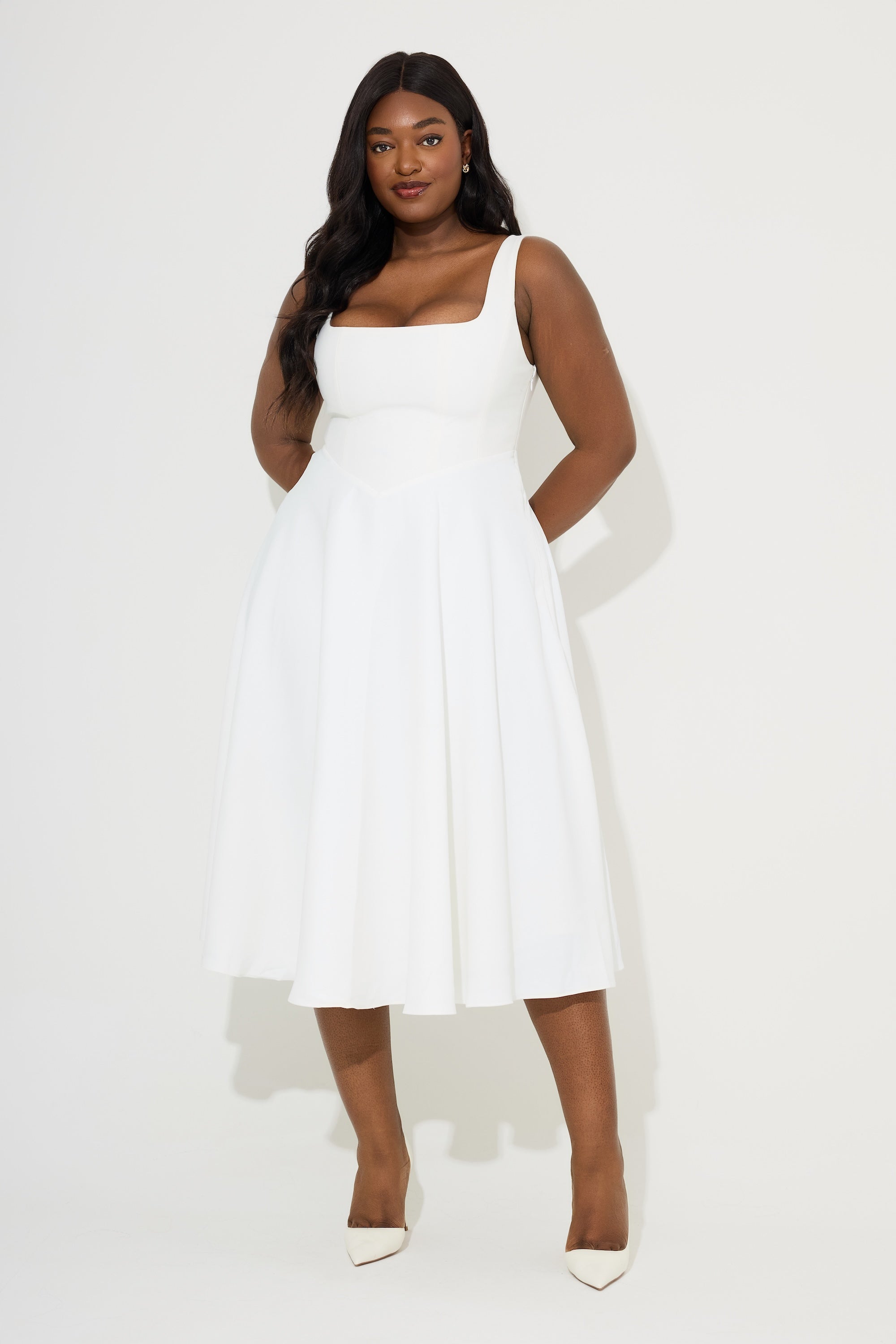 Fitted Elegant Square Neck Midi Cocktail Dress - White - ICYBOO