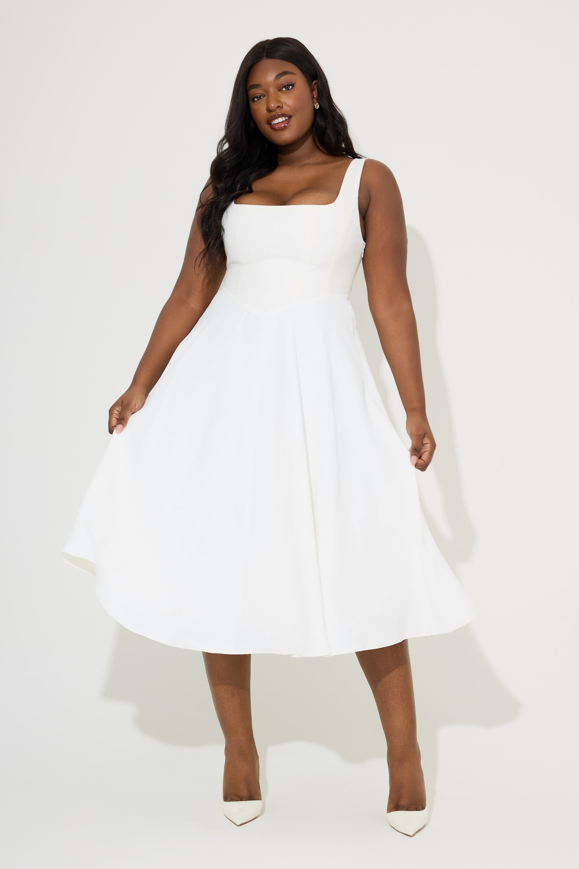 Fitted Elegant Square Neck Midi Cocktail Dress - White - ICYBOO