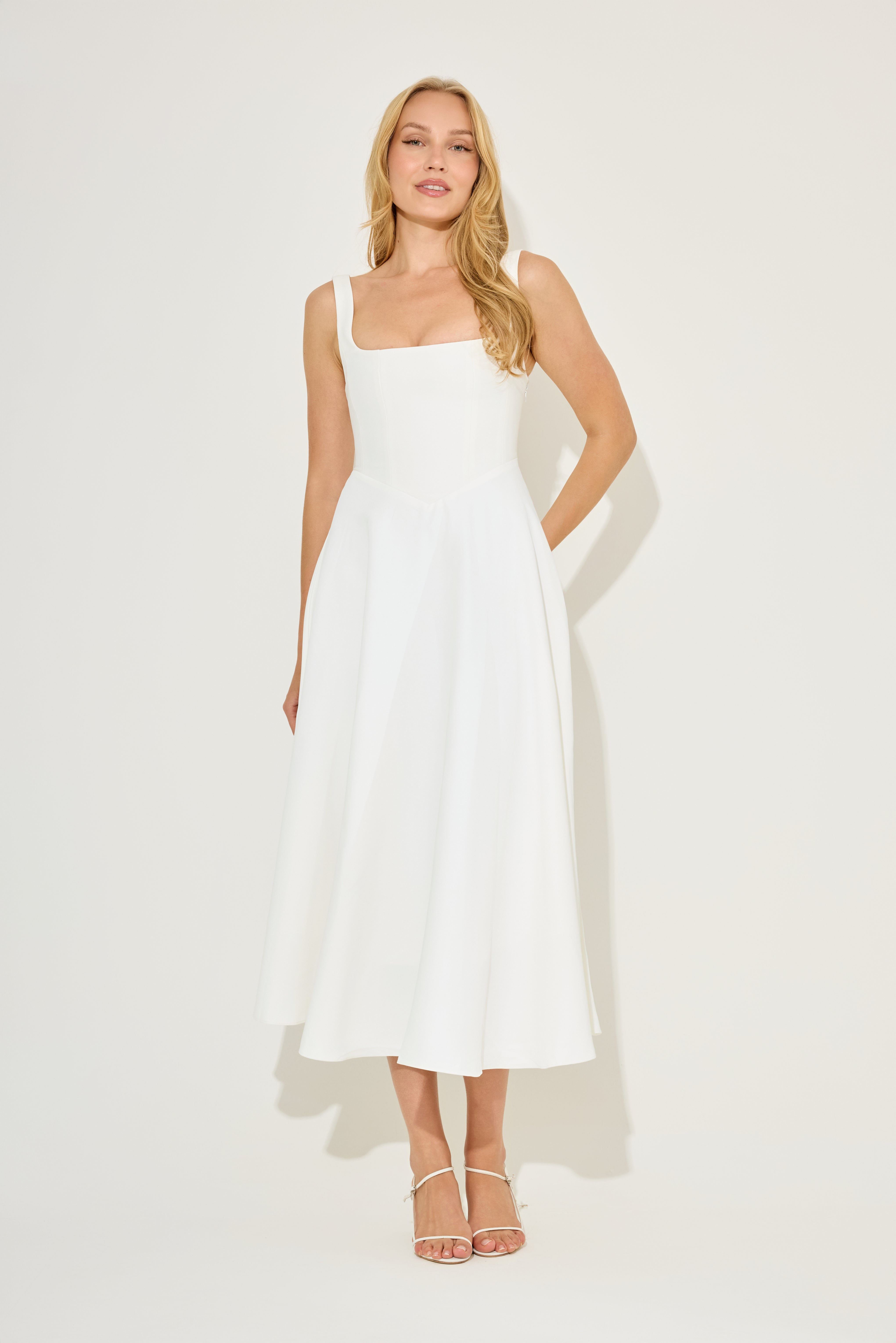 Fitted Elegant Square Neck Midi Cocktail Dress - White - ICYBOO