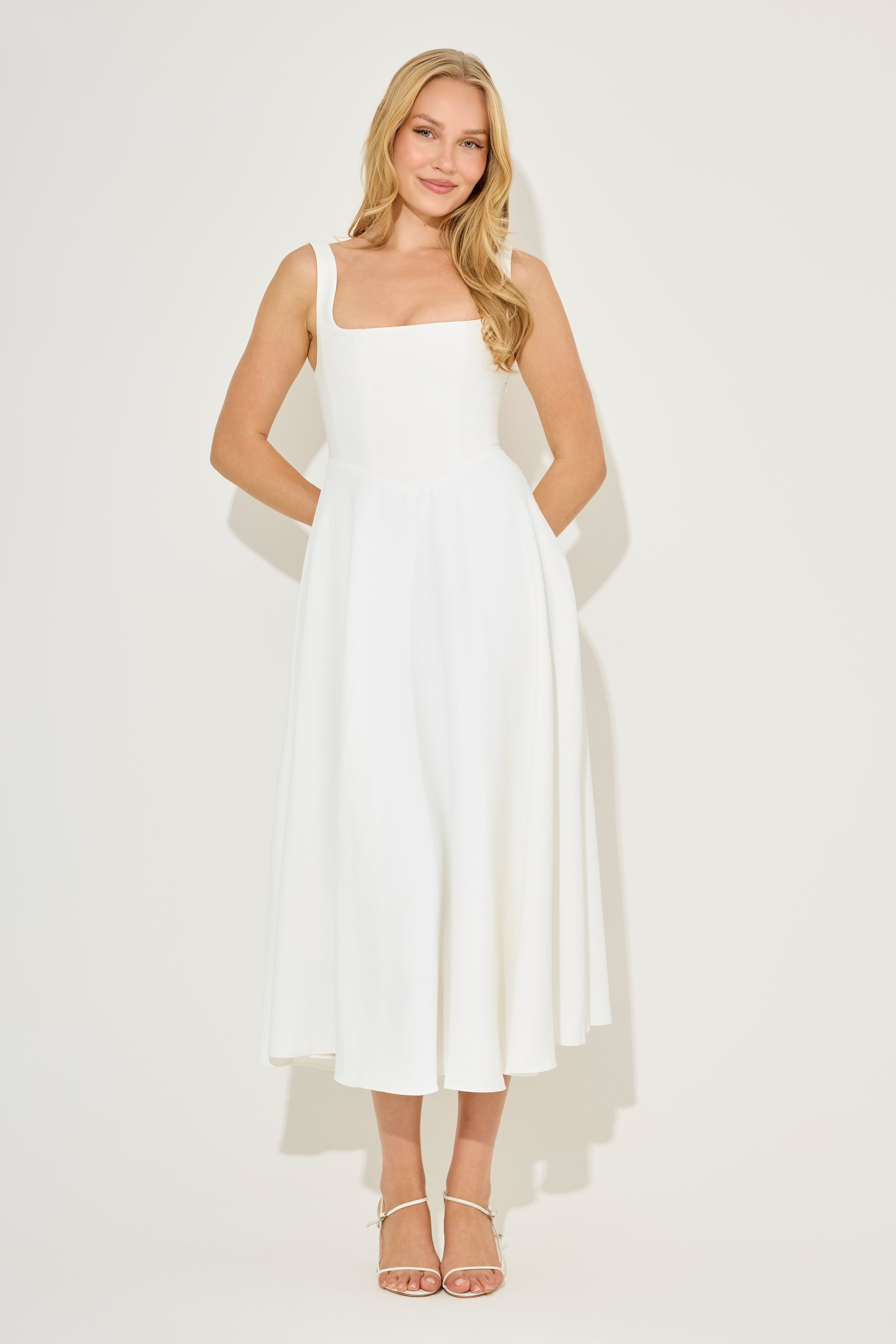 Fitted Elegant Square Neck Midi Cocktail Dress - White - ICYBOO