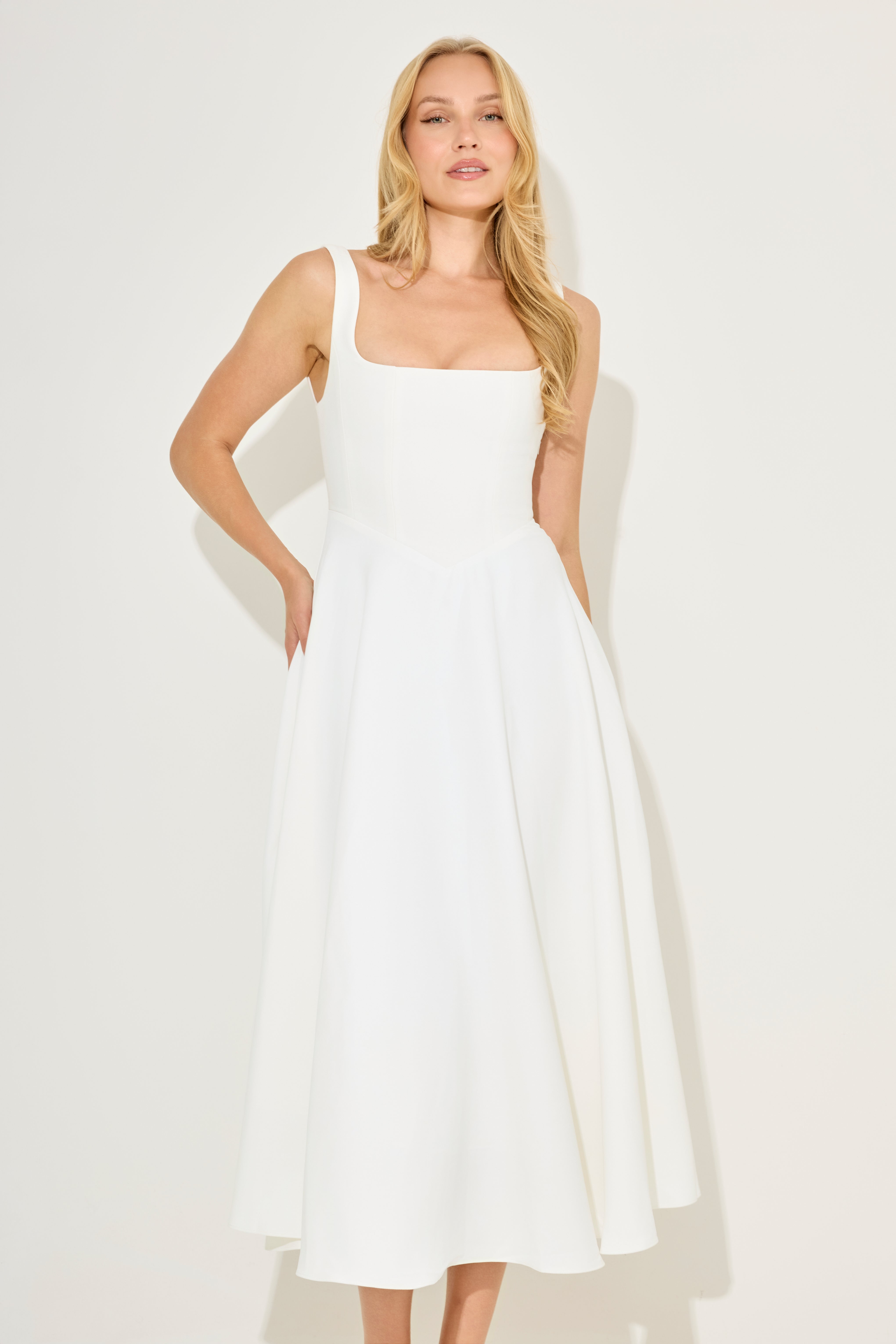 Fitted Elegant Square Neck Midi Cocktail Dress - White - ICYBOO