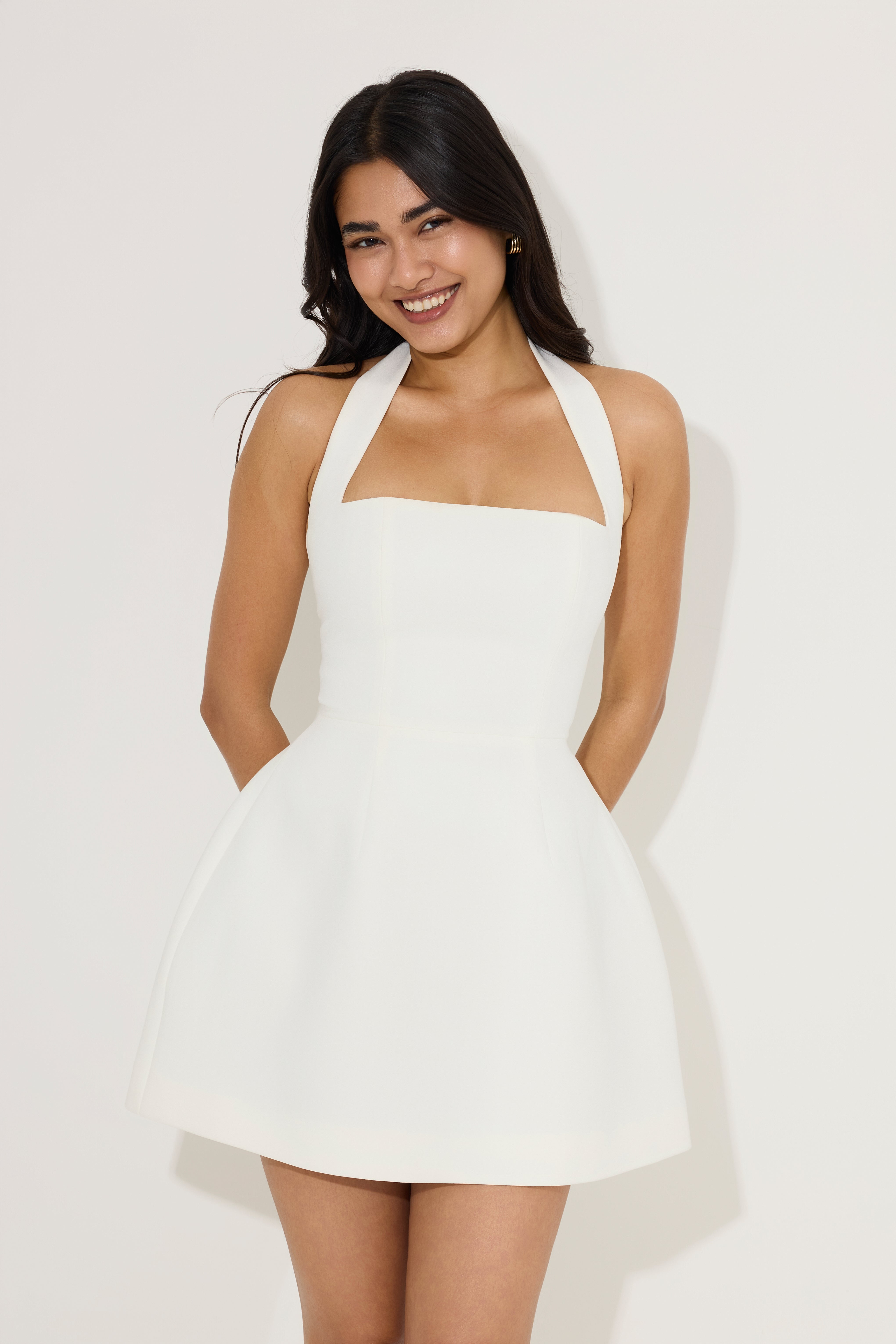 Halter Fitted Mini Summer Dress - White - ICYBOO