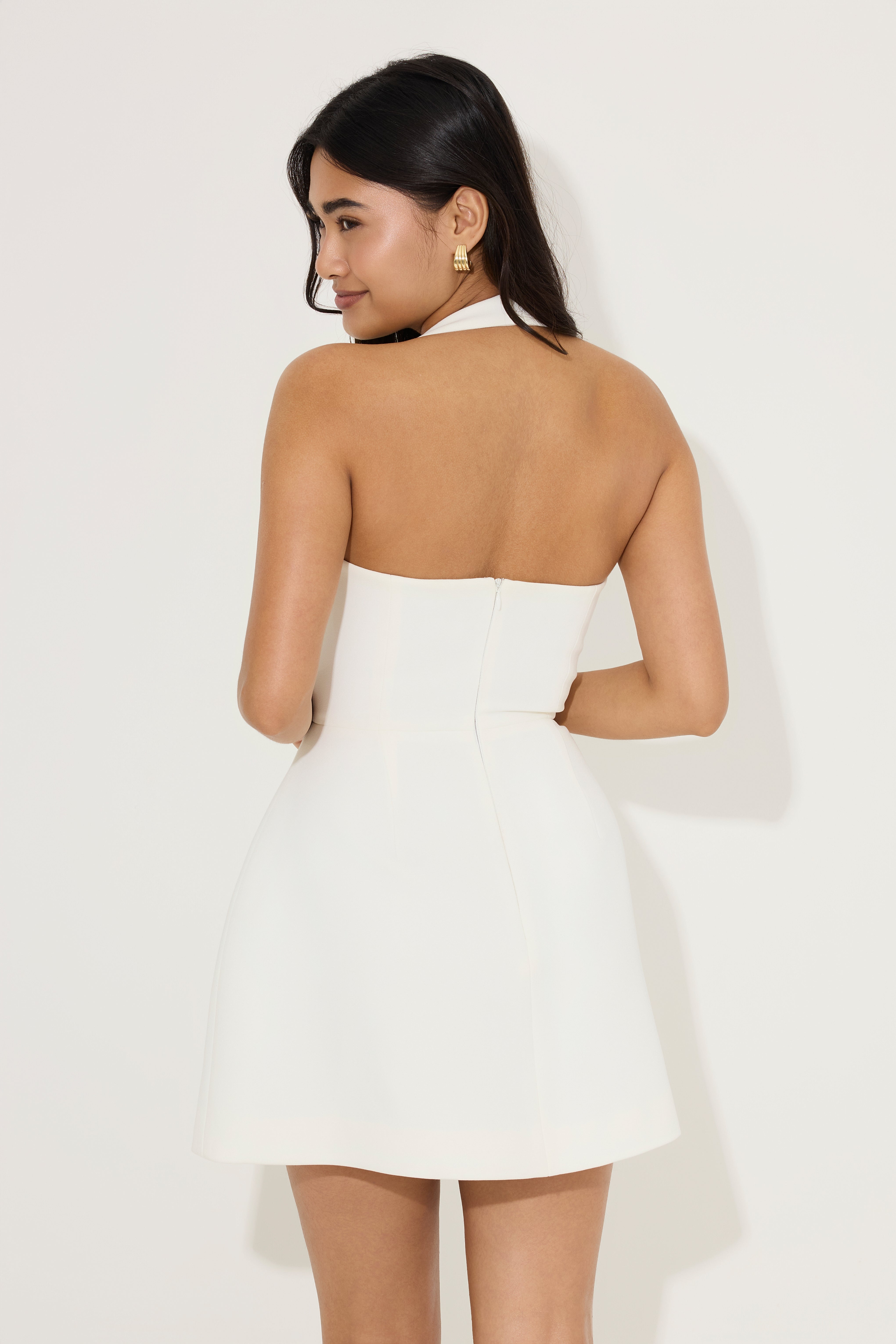 Halter Fitted Mini Summer Dress - White - ICYBOO
