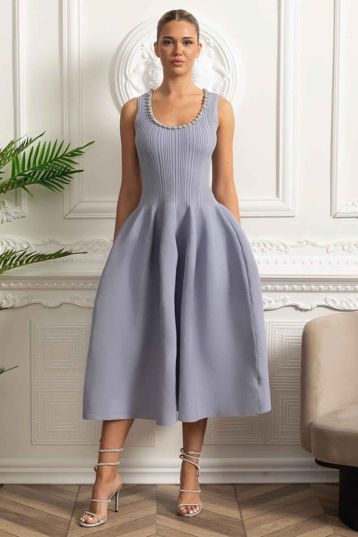 Beaded Scoop-Neck | SLEEVELESS RIBBED MIDI COCKTAIL SUMMER DRESS
