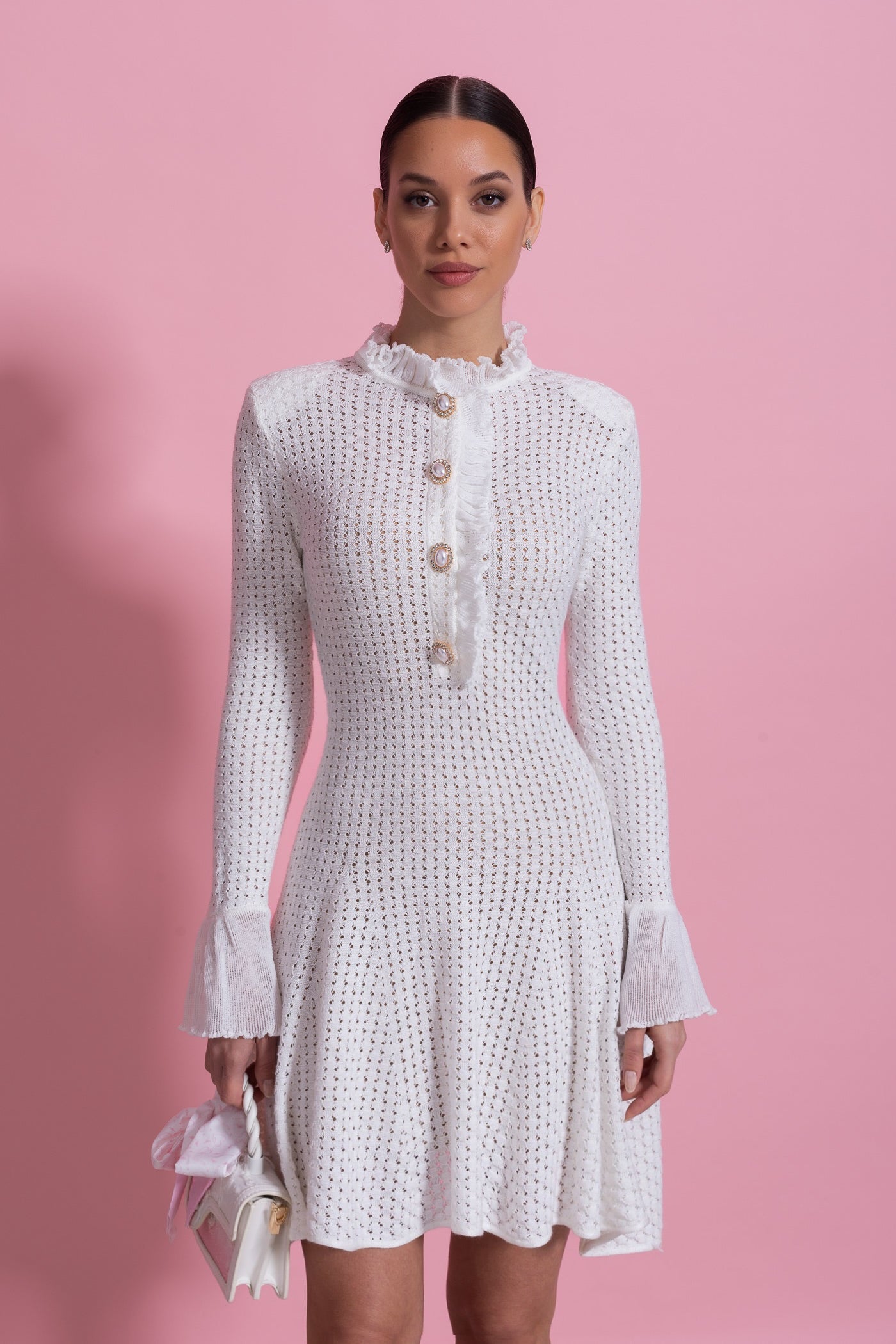 Open-Knit Mini Dress With Ruffle High Neck And Pearl Button Placket - White - ICYBOO