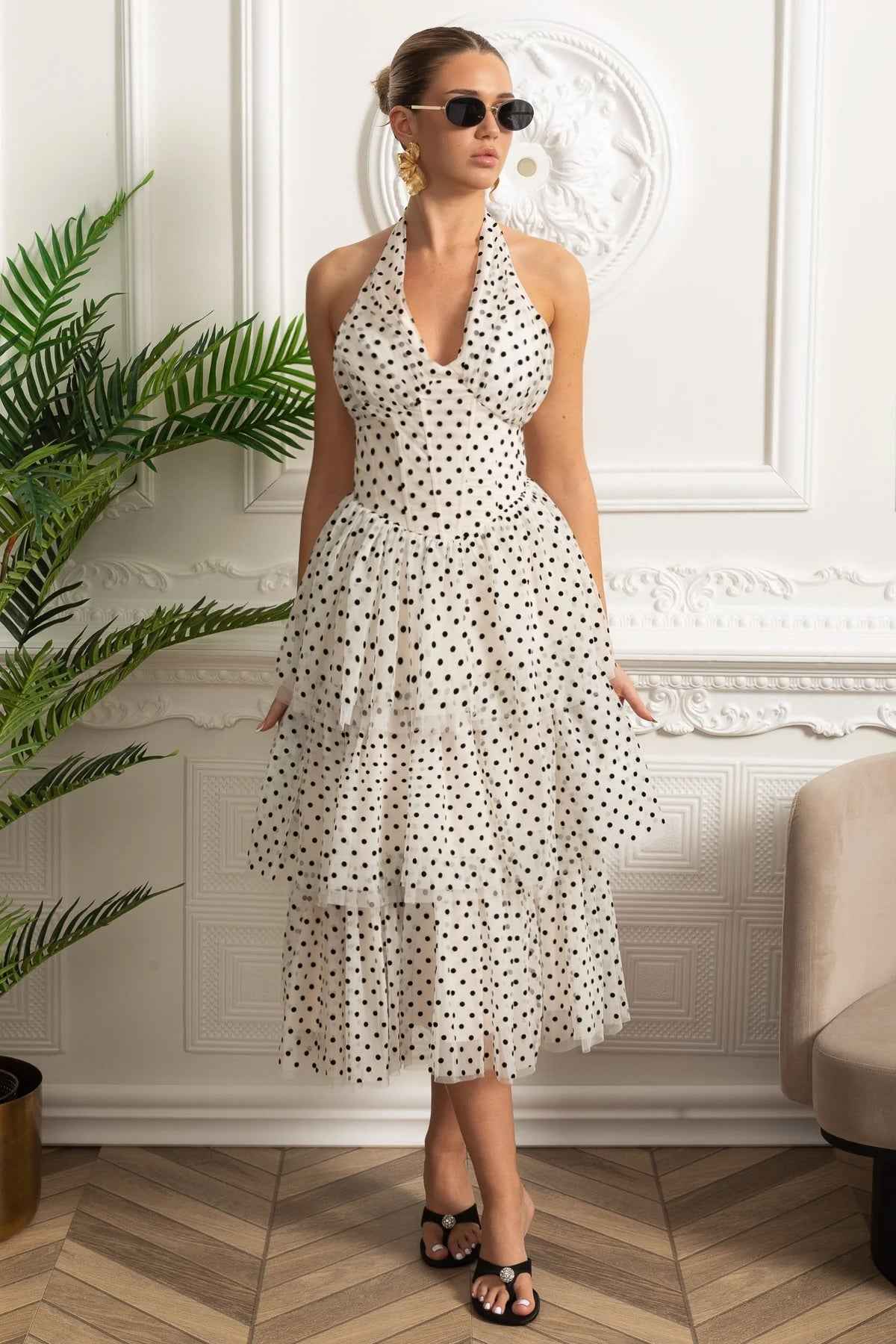 Polka Dot Halterneck Tiered Midi Dress - White