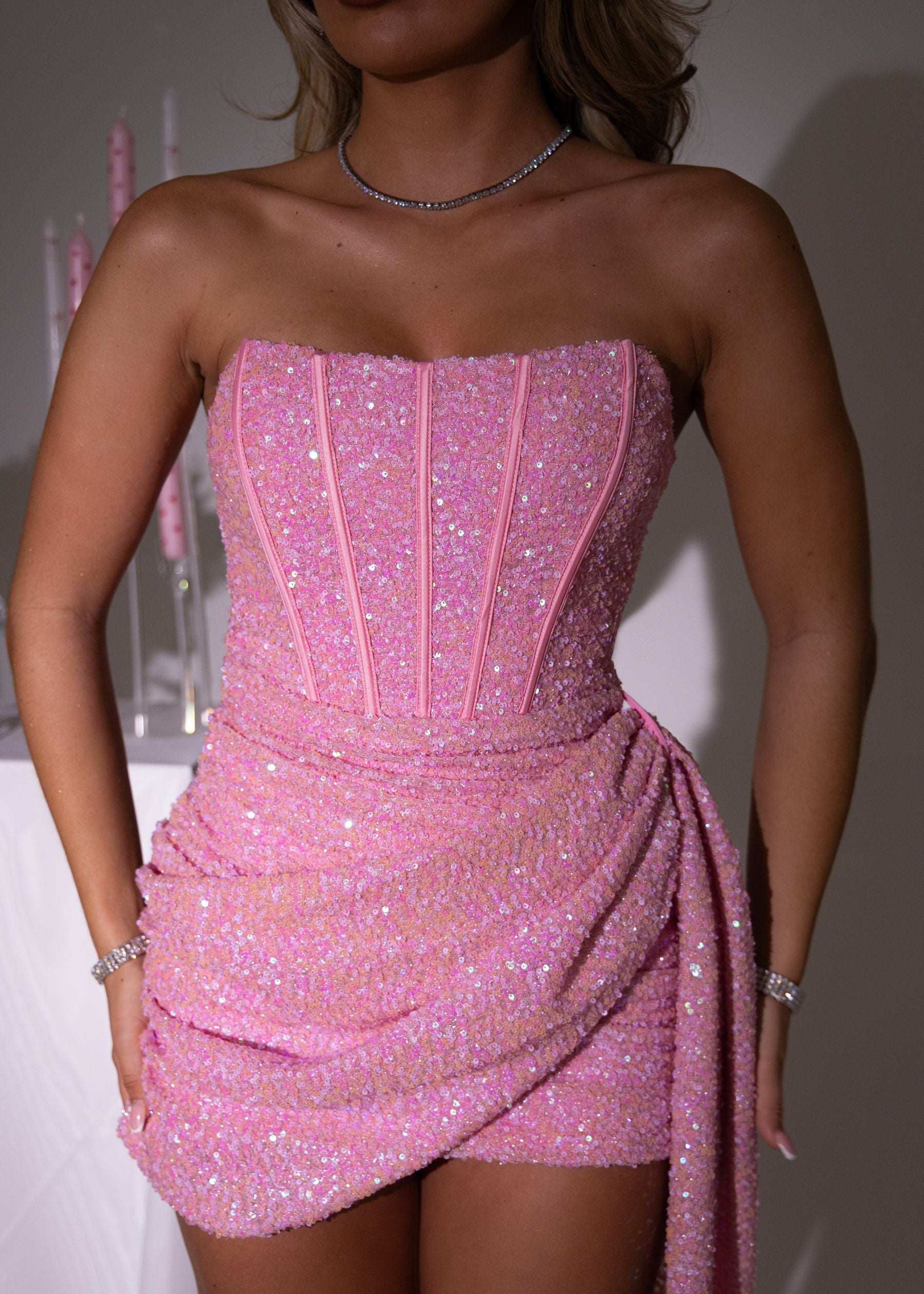 Endless Serenade Sequin Drape Mini Dress - Pink - ICYBOO