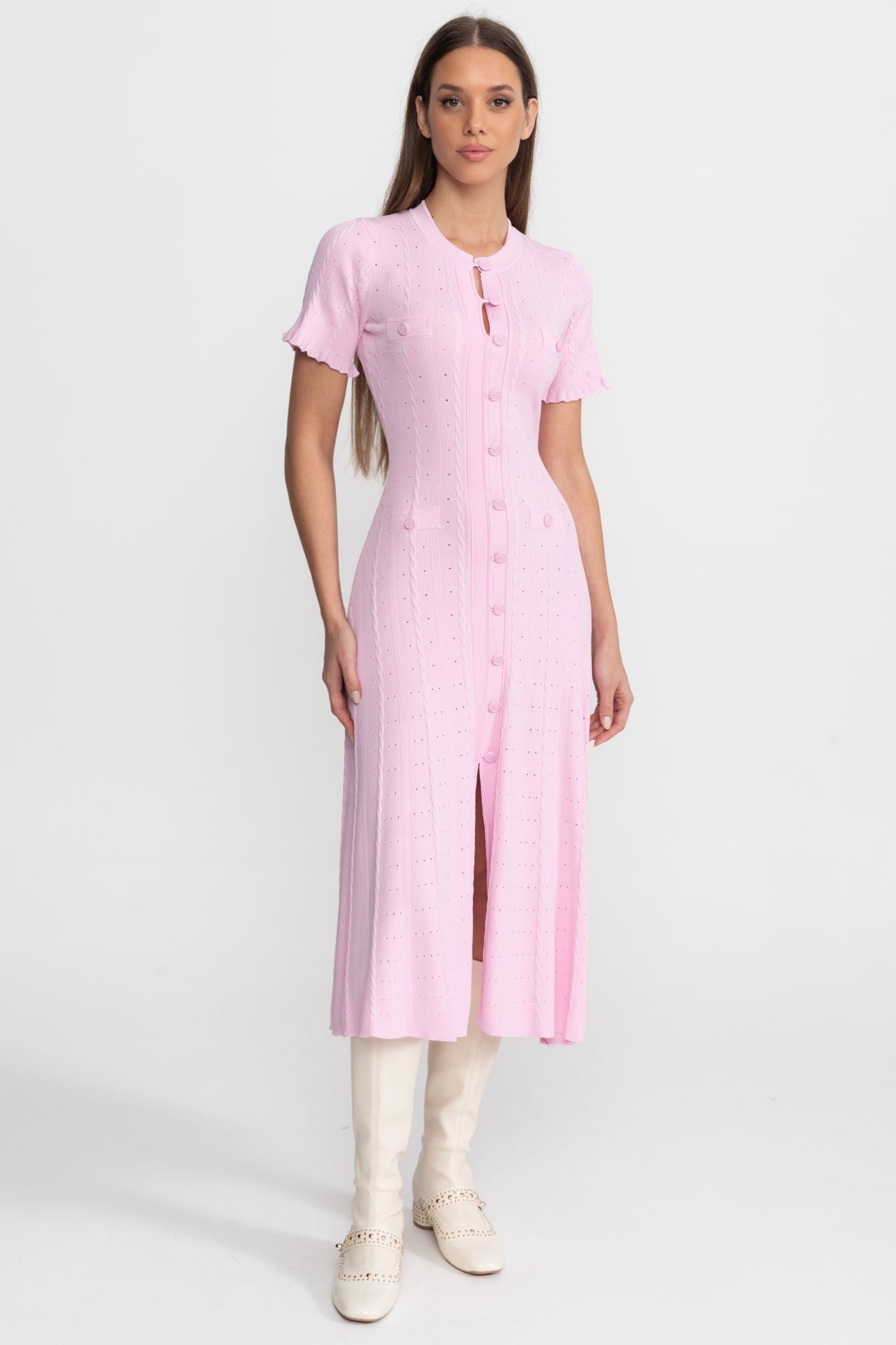 Knit Button-Front Midi Dress with Scalloped Sleeves – Pink - ICYBOO