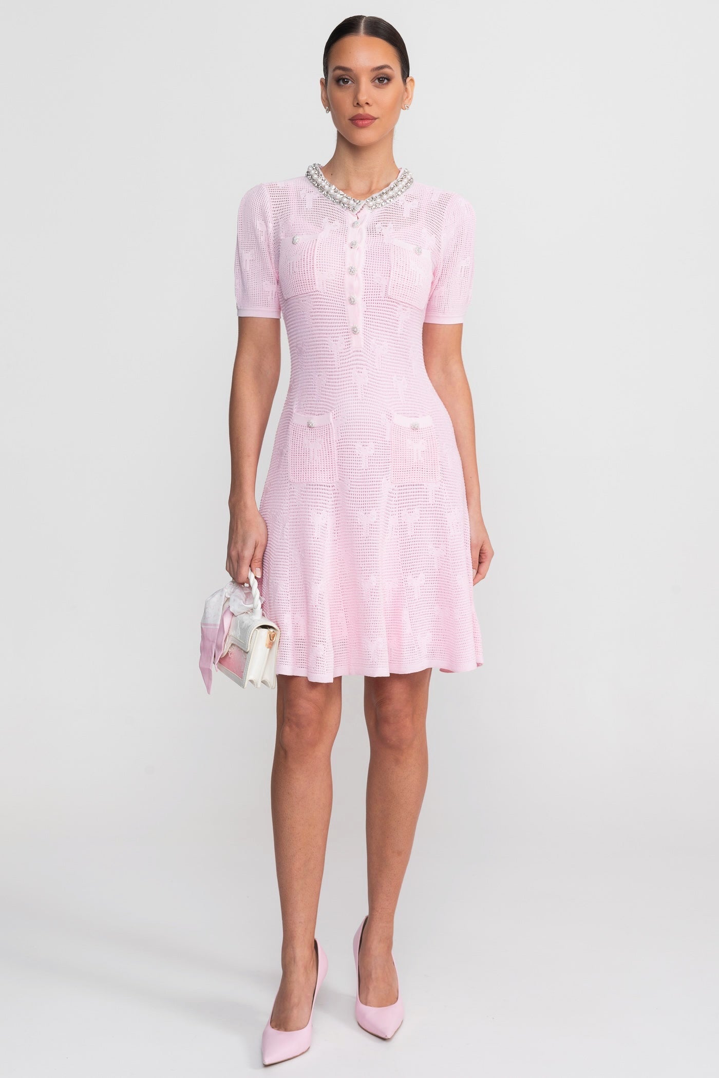 Textured Short Sleeve Mini Dress With Pearl Trim Neckline And Crystal Buttons - Pink - ICYBOO