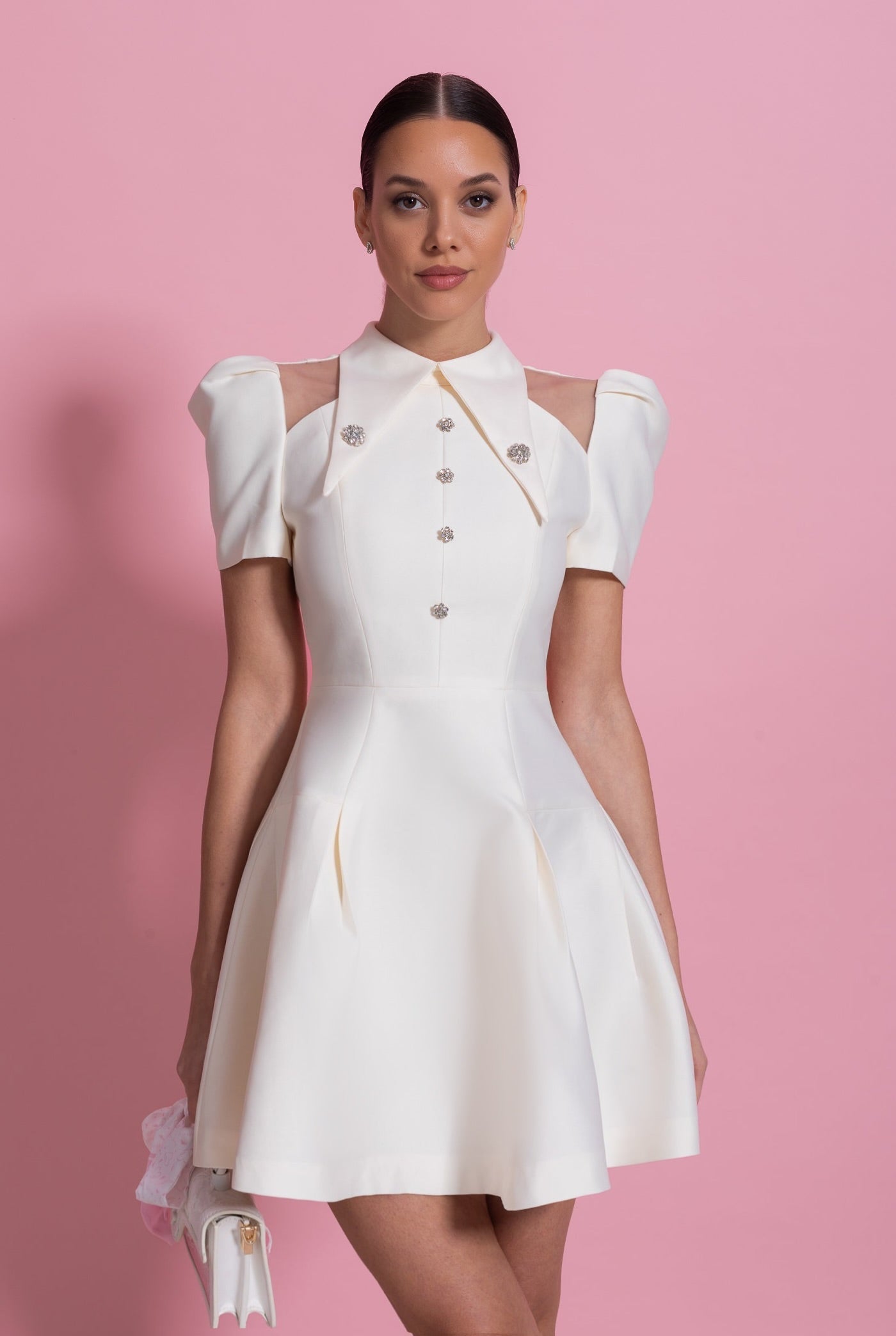 Puff Sleeve Mini Dress With Pointed Collar And Crystal Button Front - Ivoire - ICYBOO