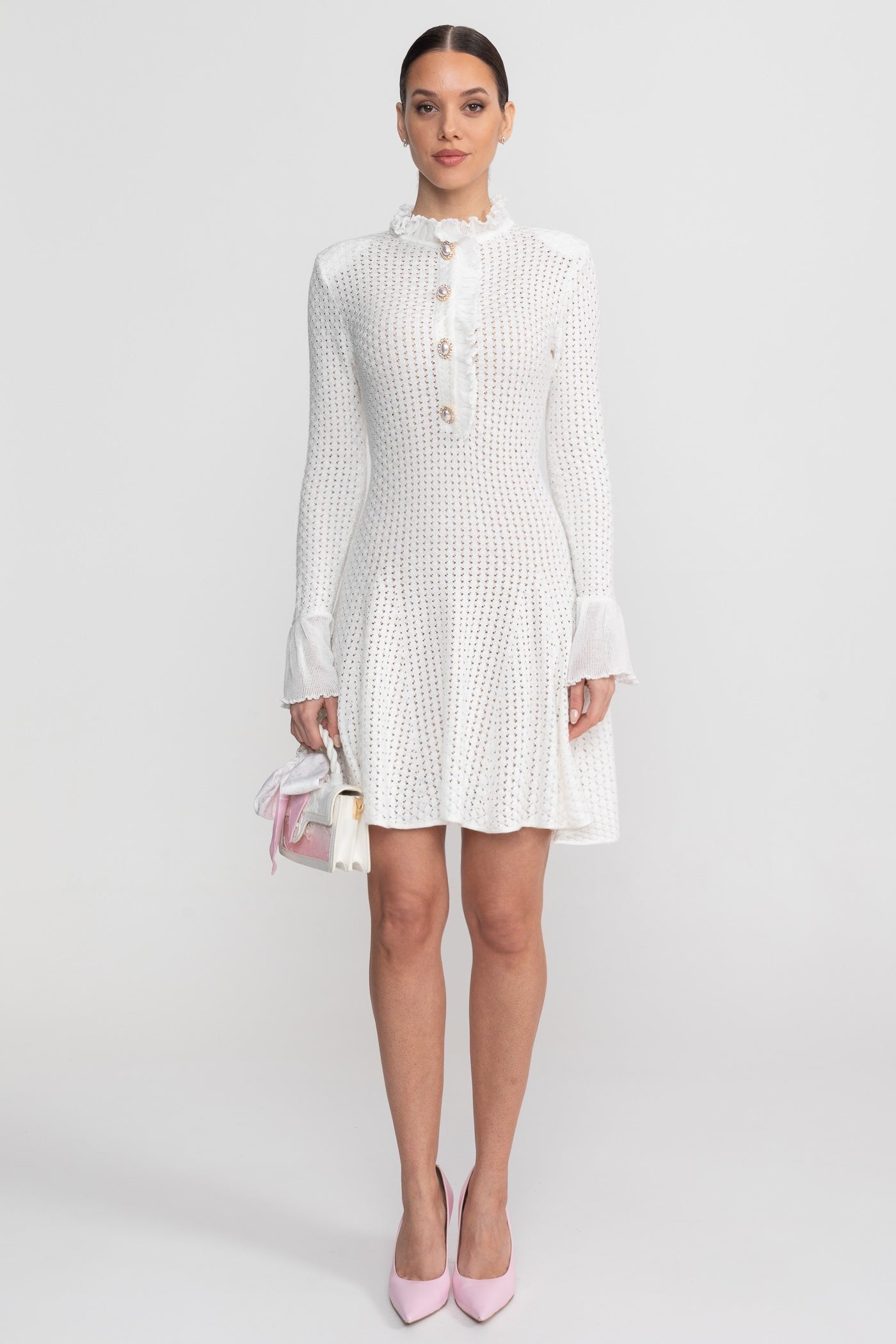 Open-Knit Mini Dress With Ruffle High Neck And Pearl Button Placket - White - ICYBOO