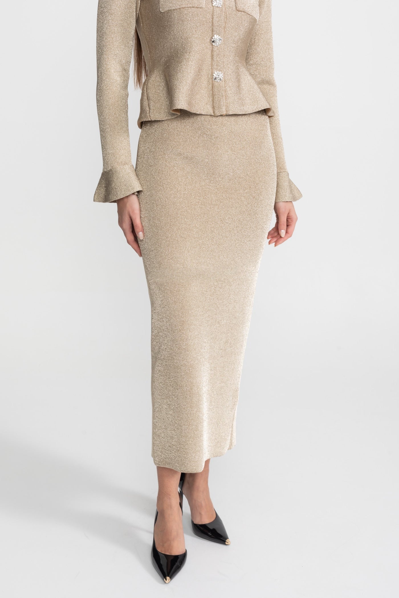 Shimmer Knit Dress with Crystal Button Accents – Champagne - ICYBOO