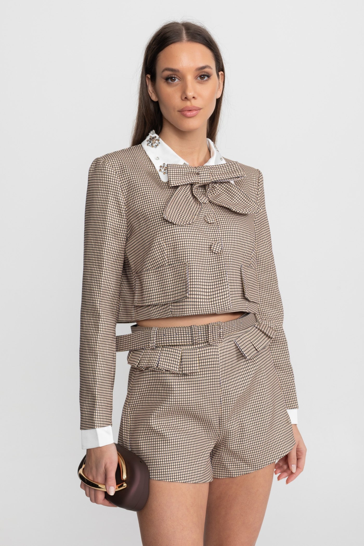 Checked Tailored Co-Ord Set with Statement Bow Detail – Beige - ICYBOO
