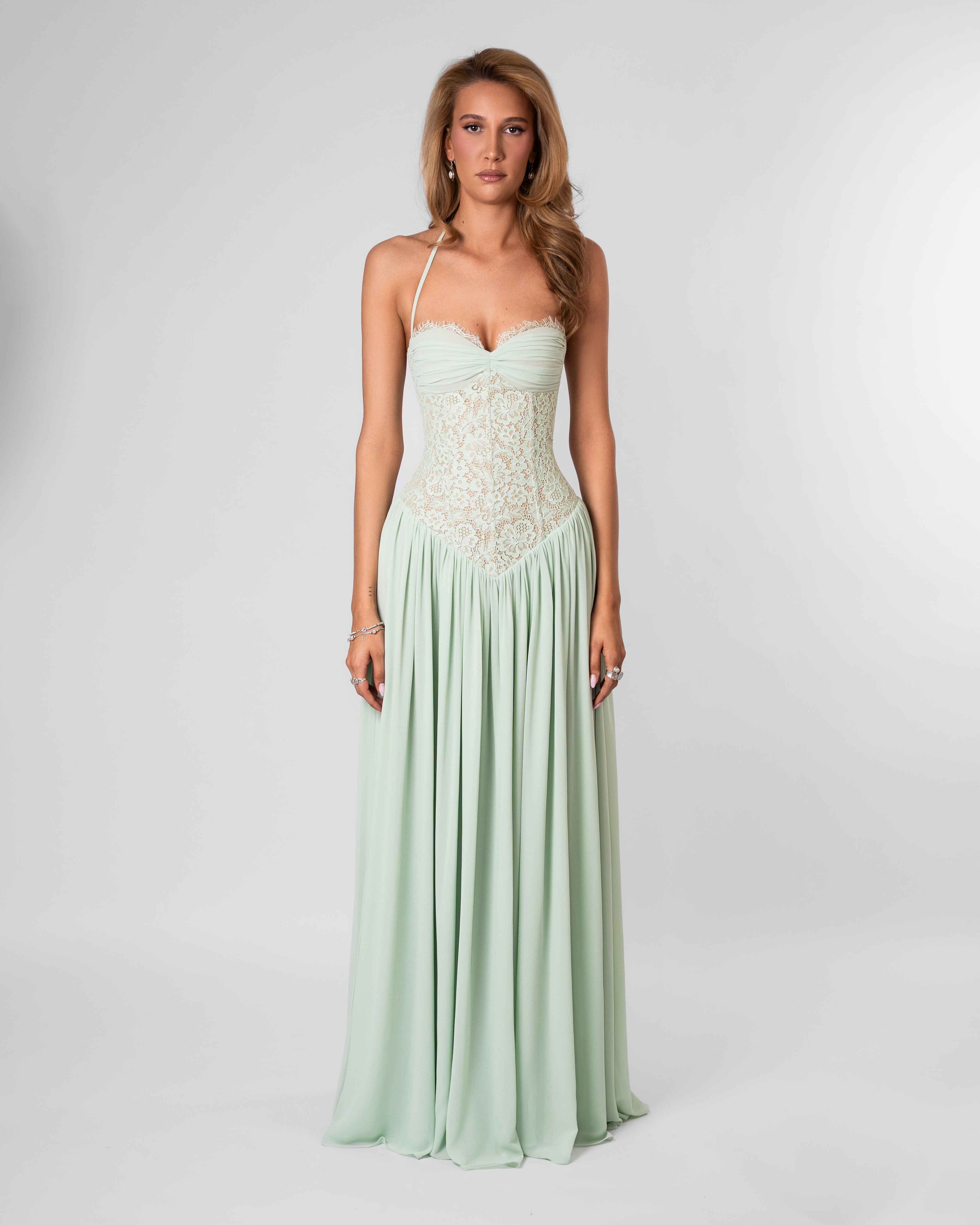 Faye Lace Corset Maxi Evening Dress - Mint