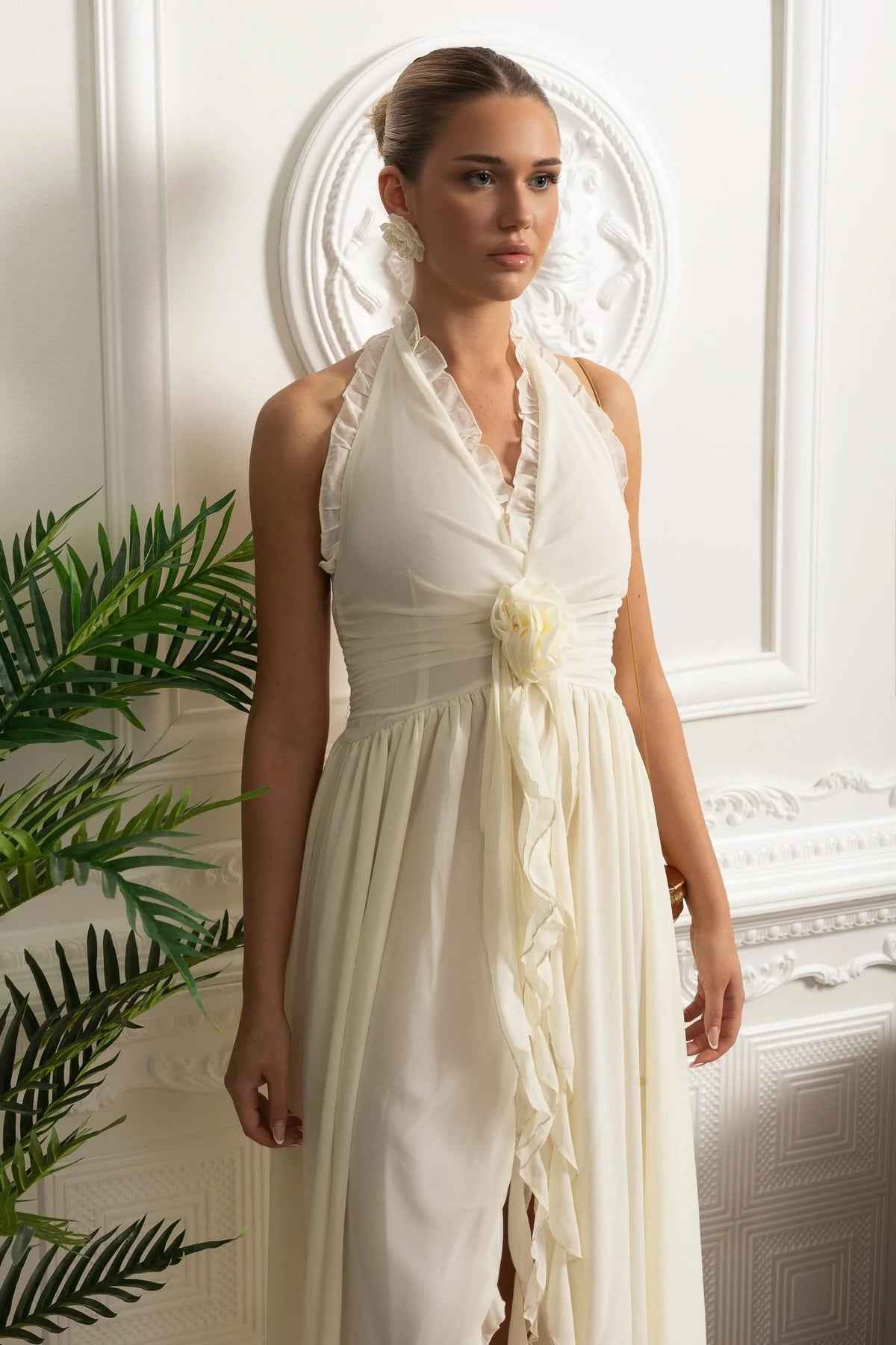 Ruffled Halter Maxi Dress with Rosette Tie Detail - Ivoire