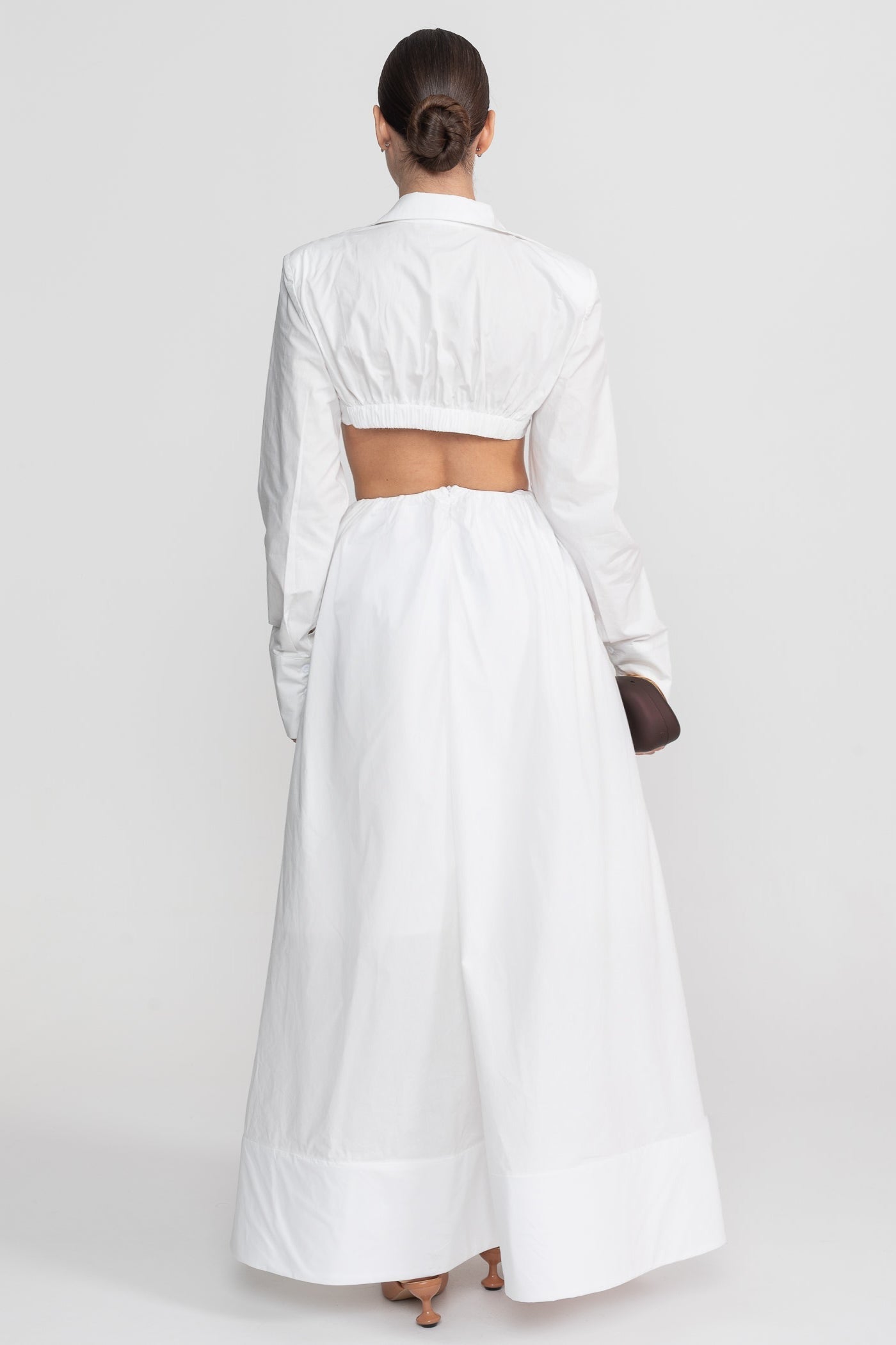 Long Sleeve Co-Ord Set With Cropped Underbust Top - White - ICYBOO