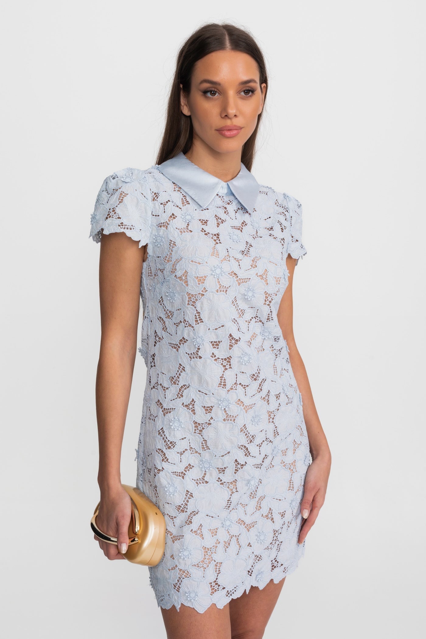 Floral Lace Mini Dress with Satin Collar – Light Blue - ICYBOO