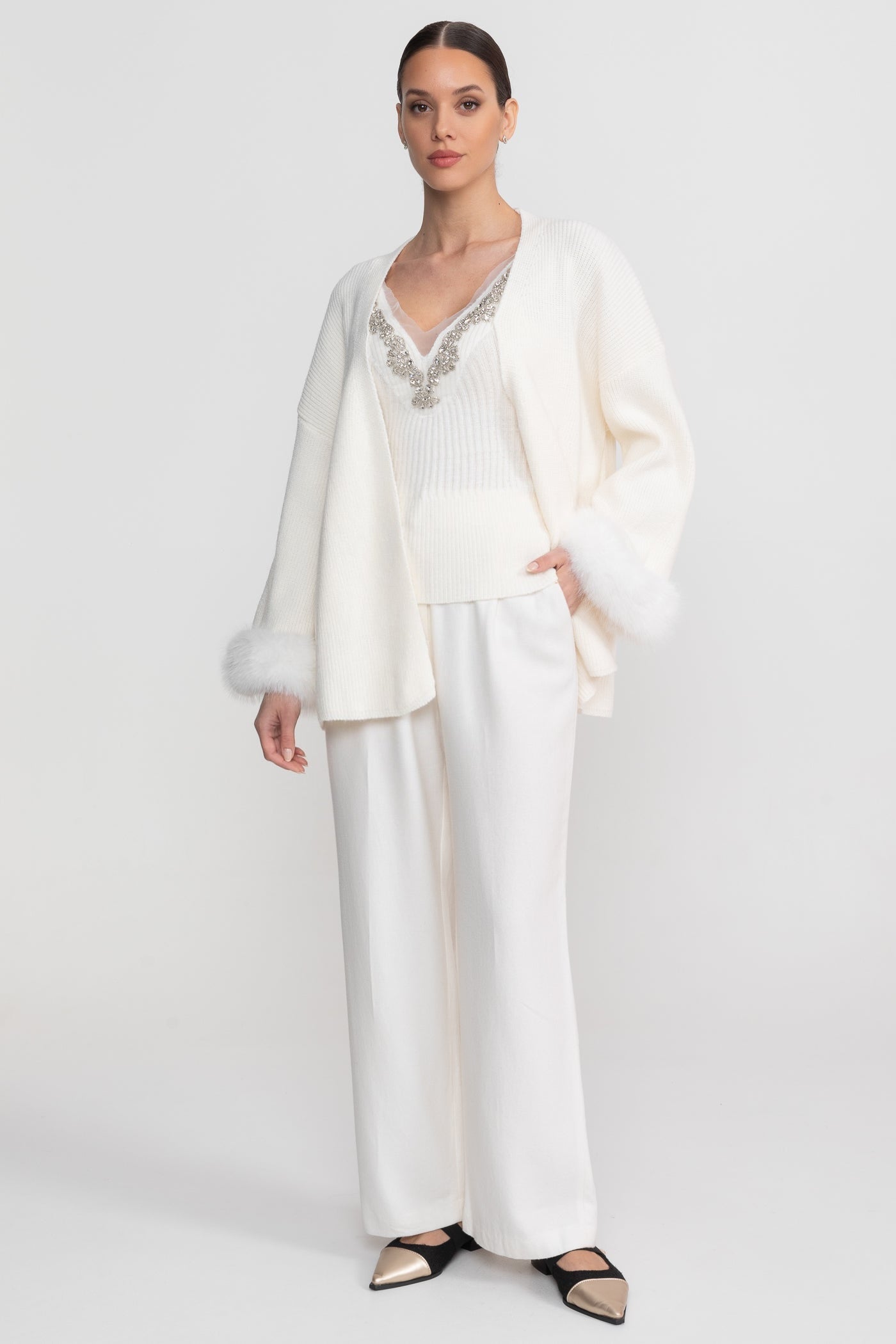 Knit Two Piece Set With Crystal Embellishments And Trim Cuffs - White - ICYBOO