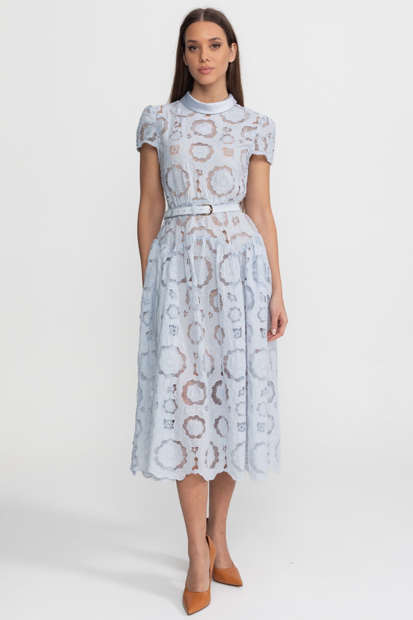 Floral Lace Midi Dress with Belted Waist – Light Blue - ICYBOO