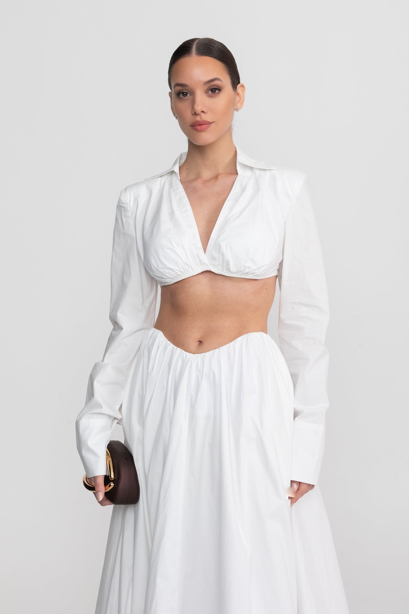 Long Sleeve Co-Ord Set With Cropped Underbust Top - White - ICYBOO