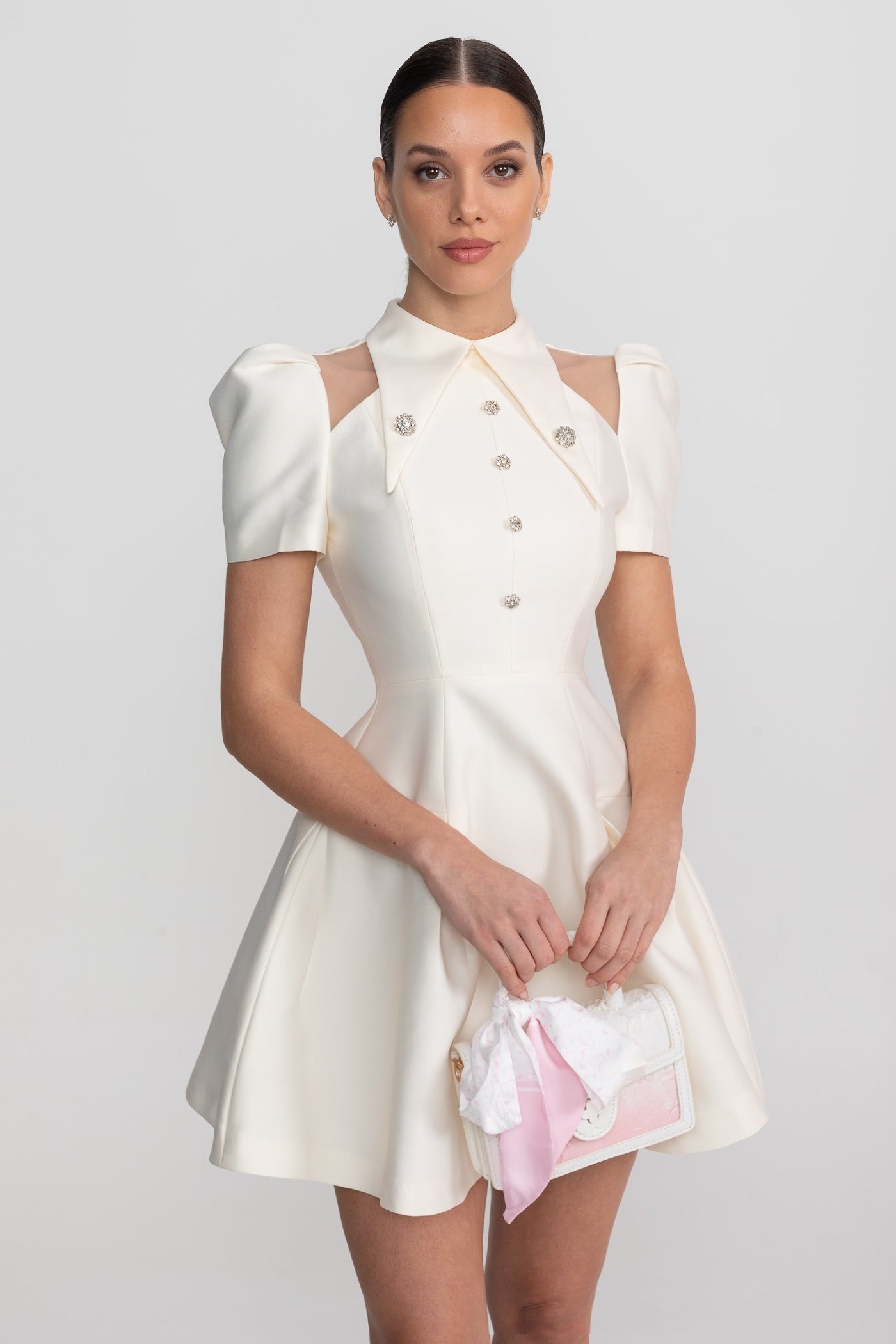 Puff Sleeve Mini Dress With Pointed Collar And Crystal Button Front - Ivoire - ICYBOO