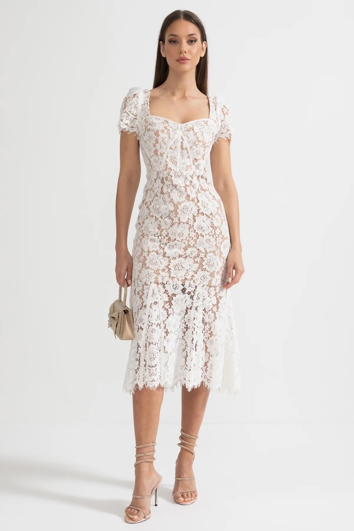Short Sleeved Lace Dress With Delicate Matching Waist Belt - White - ICYBOO