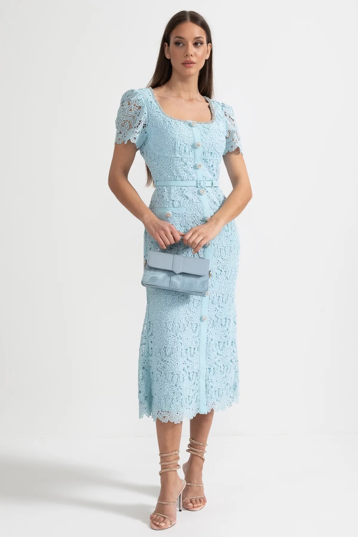 Delicate Azure Lace Midi Dress - Baby Blue - ICYBOO