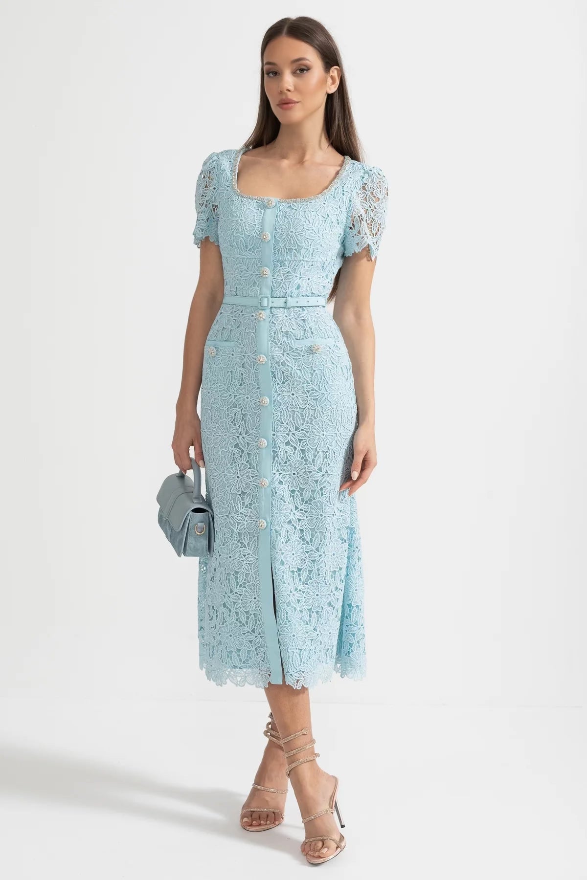 Delicate Azure Lace Midi Dress - Baby Blue - ICYBOO