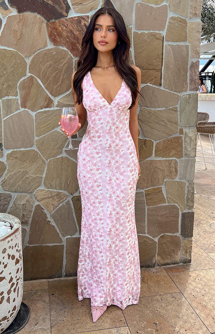 Farida Lace Backless Maxi Wedding Guest Dress - Pink - ICYBOO