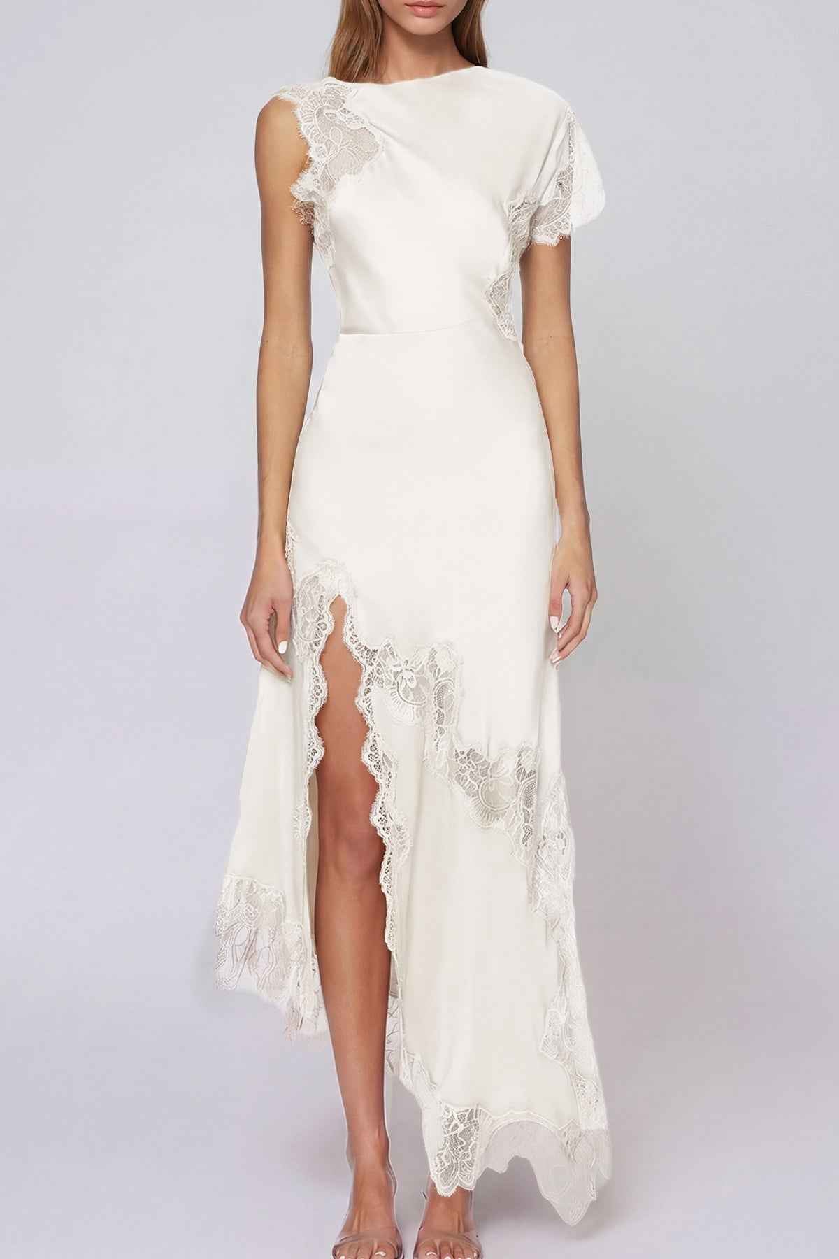 Firdaus Lace Asymmetric Maxi Evening Dress - Apricot